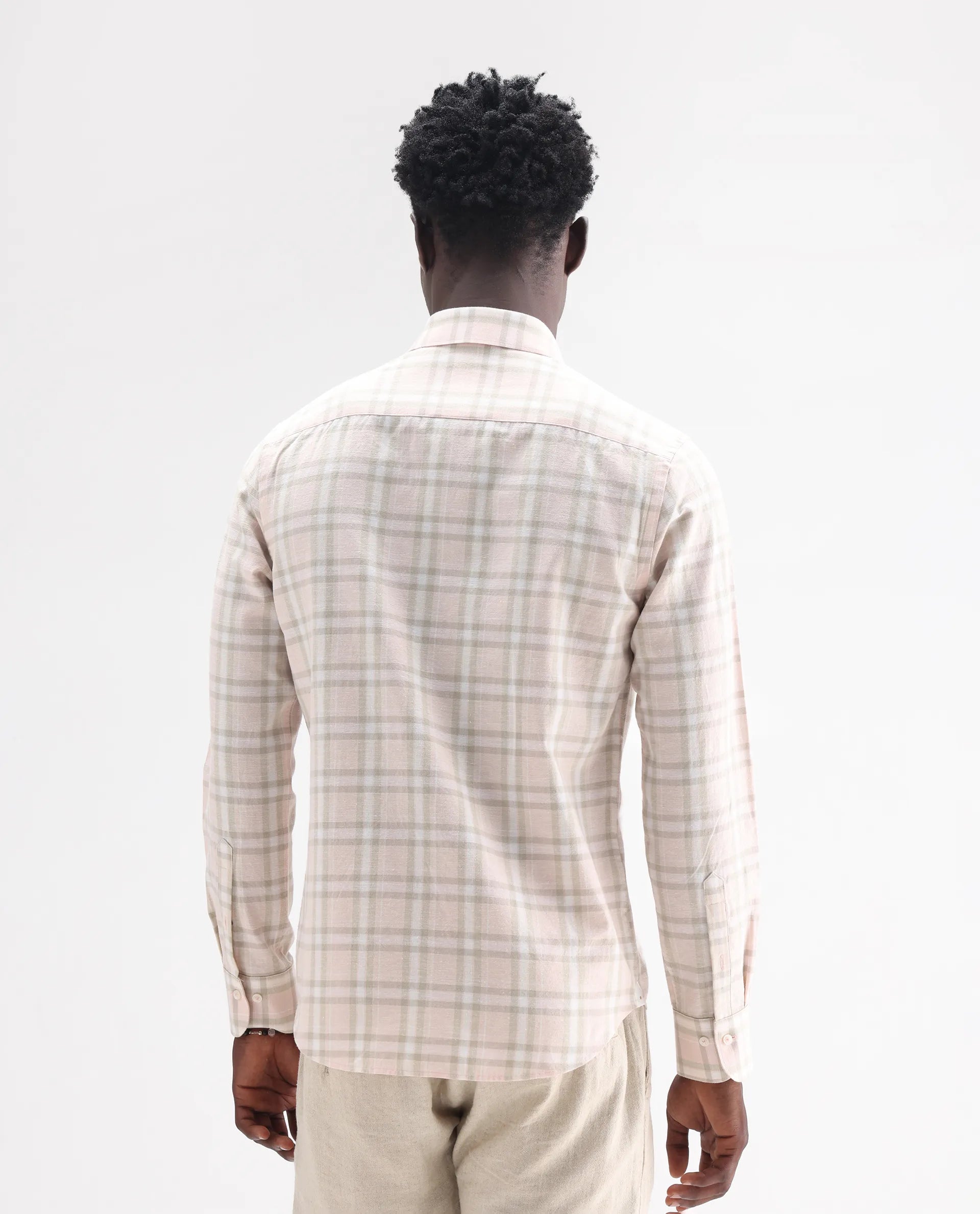 Rare Rabbit Men's Stur Pink 100% Linen Checked Print Regular Fit Full Sleeve Collared Shirt