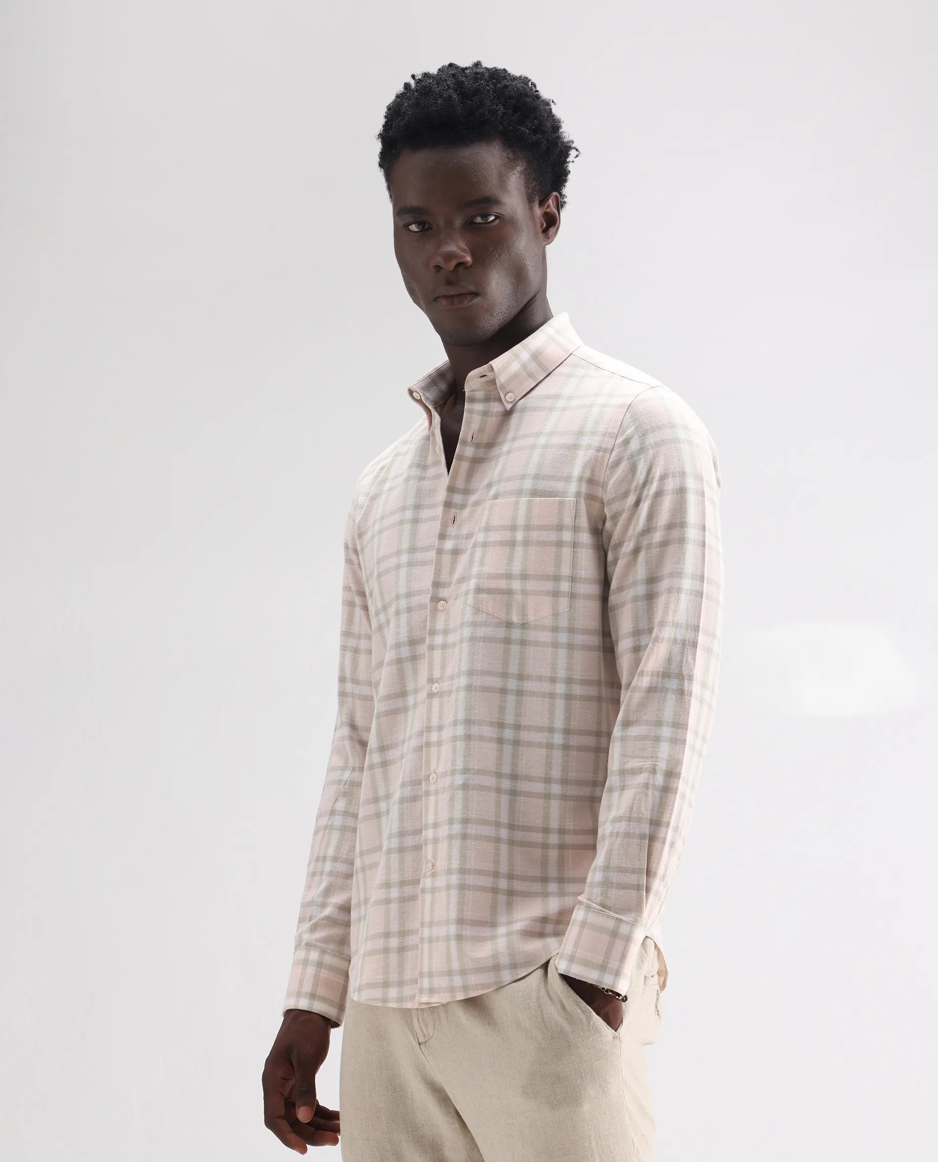 Rare Rabbit Men's Stur Pink 100% Linen Checked Print Regular Fit Full Sleeve Collared Shirt