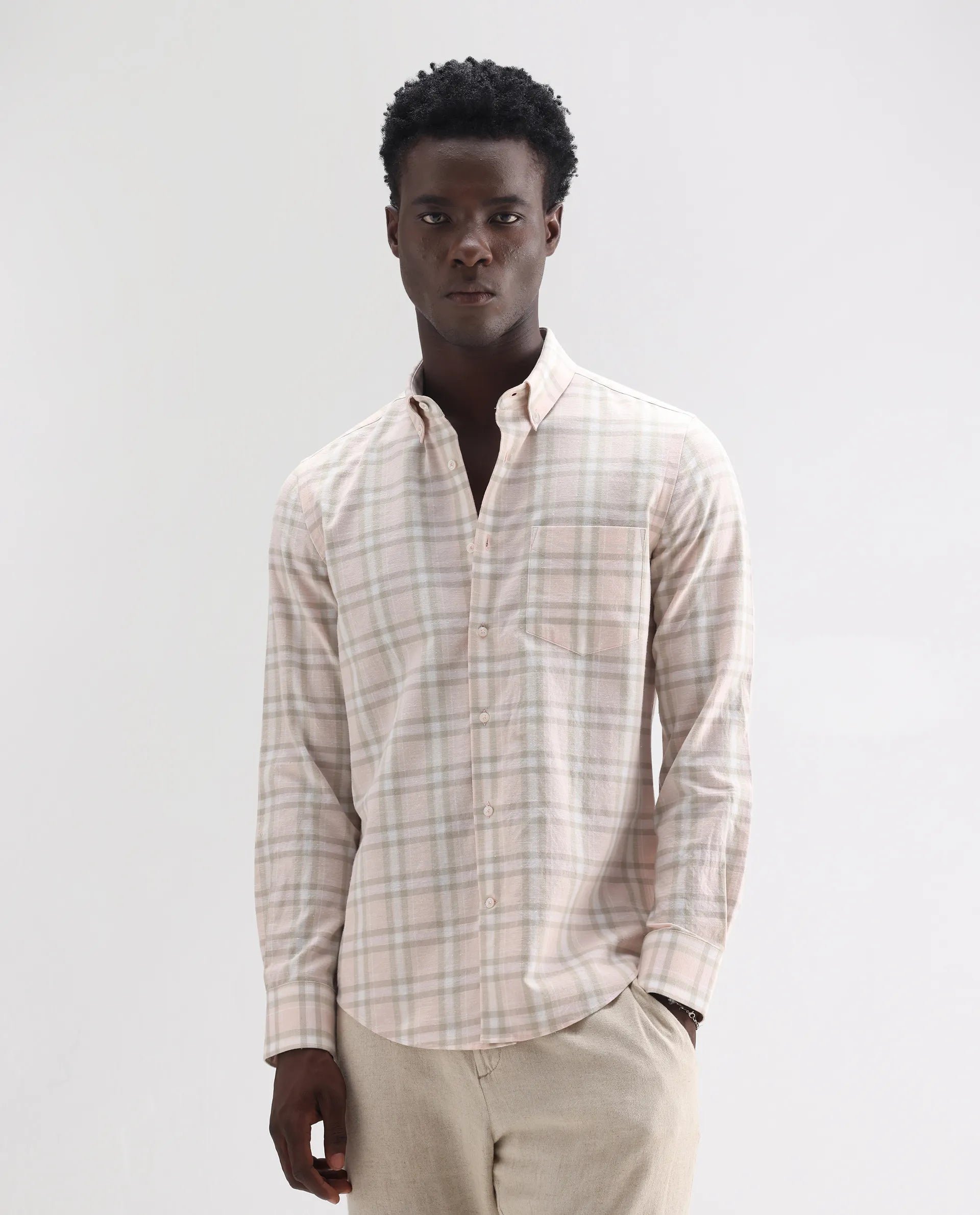 Rare Rabbit Men's Stur Pink 100% Linen Checked Print Regular Fit Full Sleeve Collared Shirt