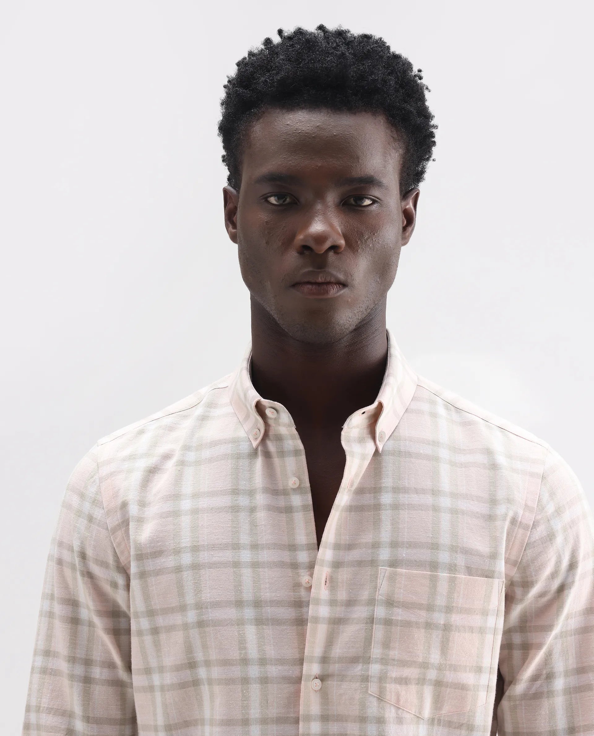 Rare Rabbit Men's Stur Pink 100% Linen Checked Print Regular Fit Full Sleeve Collared Shirt