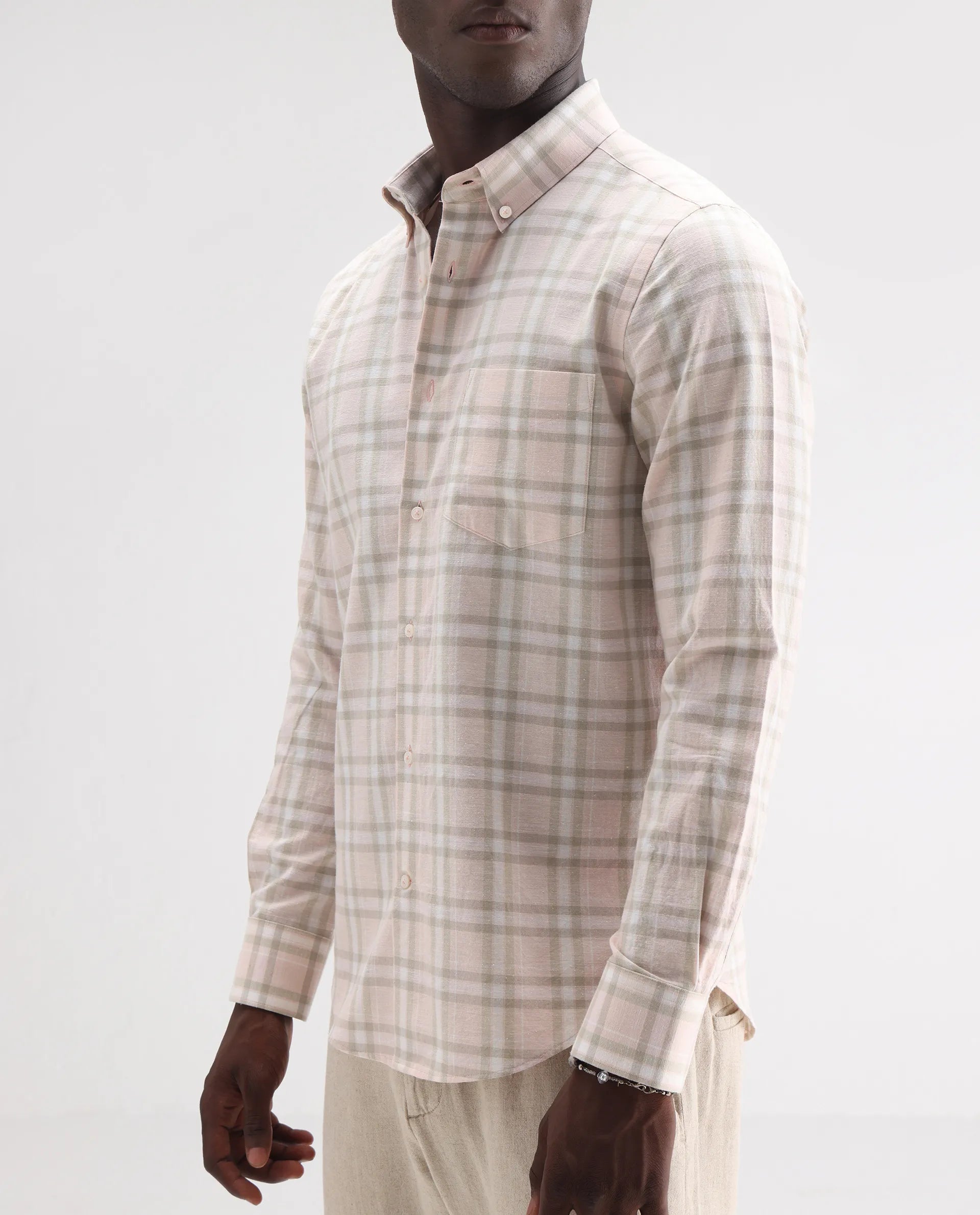 Rare Rabbit Men's Stur Pink 100% Linen Checked Print Regular Fit Full Sleeve Collared Shirt