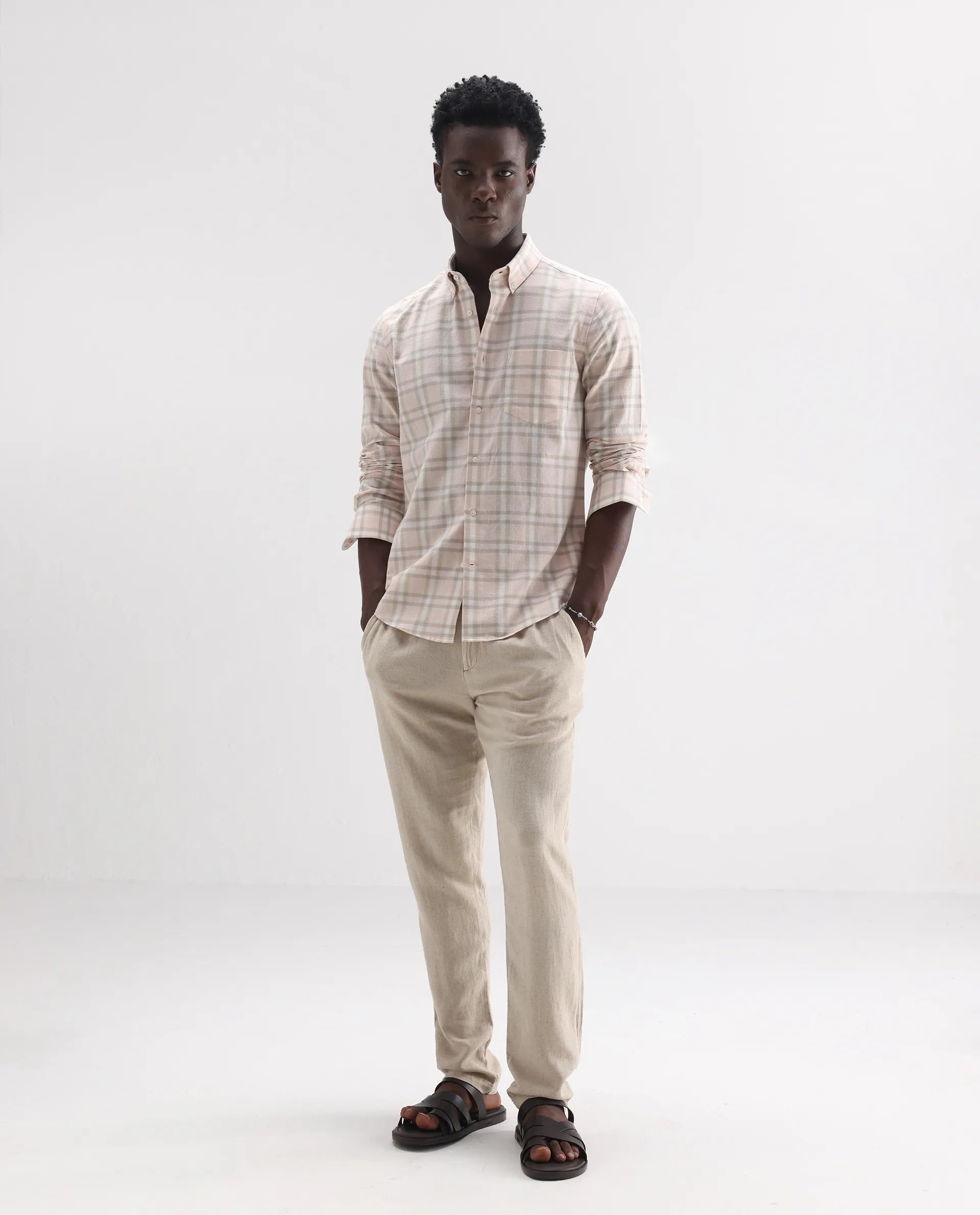 Rare Rabbit Men's Stur Pink 100% Linen Checked Print Regular Fit Full Sleeve Collared Shirt