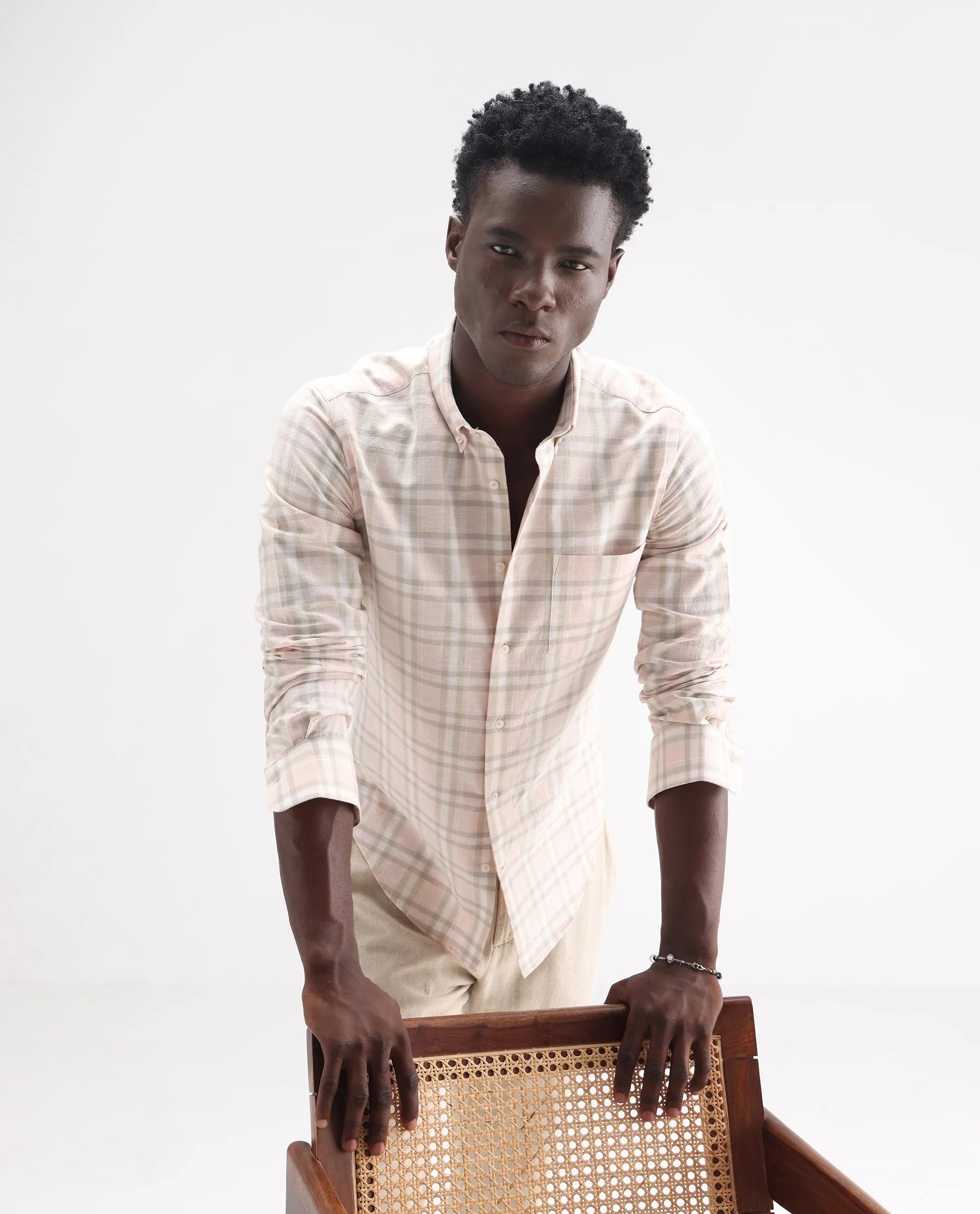 Rare Rabbit Men's Stur Pink 100% Linen Checked Print Regular Fit Full Sleeve Collared Shirt