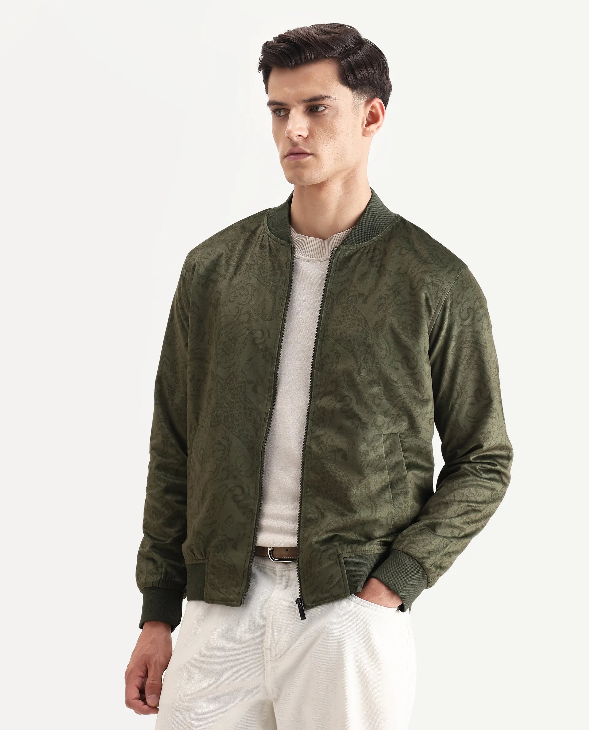 Rare Rabbit Men's Suedo Green Polyester Fabric Mandarin Collar Regular Fit Paisley Print Jacket