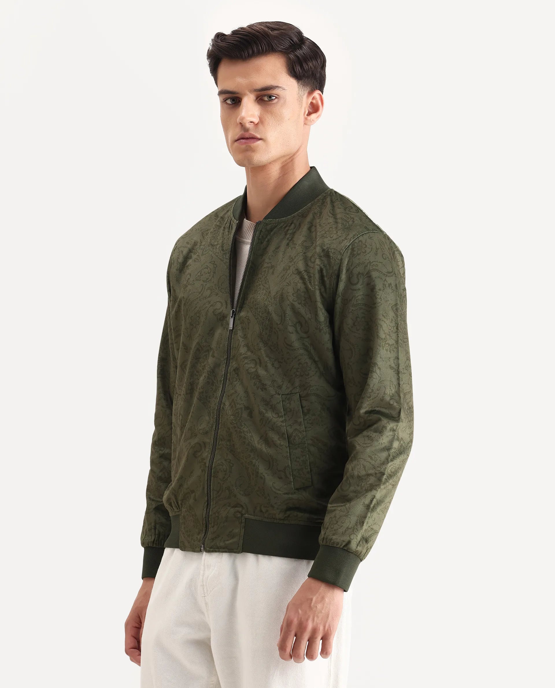 Rare Rabbit Men's Suedo Green Polyester Fabric Mandarin Collar Regular Fit Paisley Print Jacket