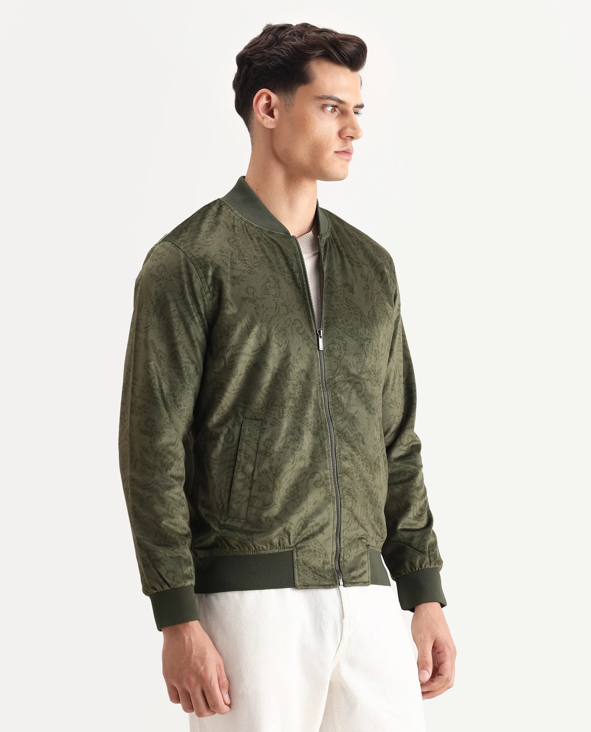 Rare Rabbit Men's Suedo Green Polyester Fabric Mandarin Collar Regular Fit Paisley Print Jacket