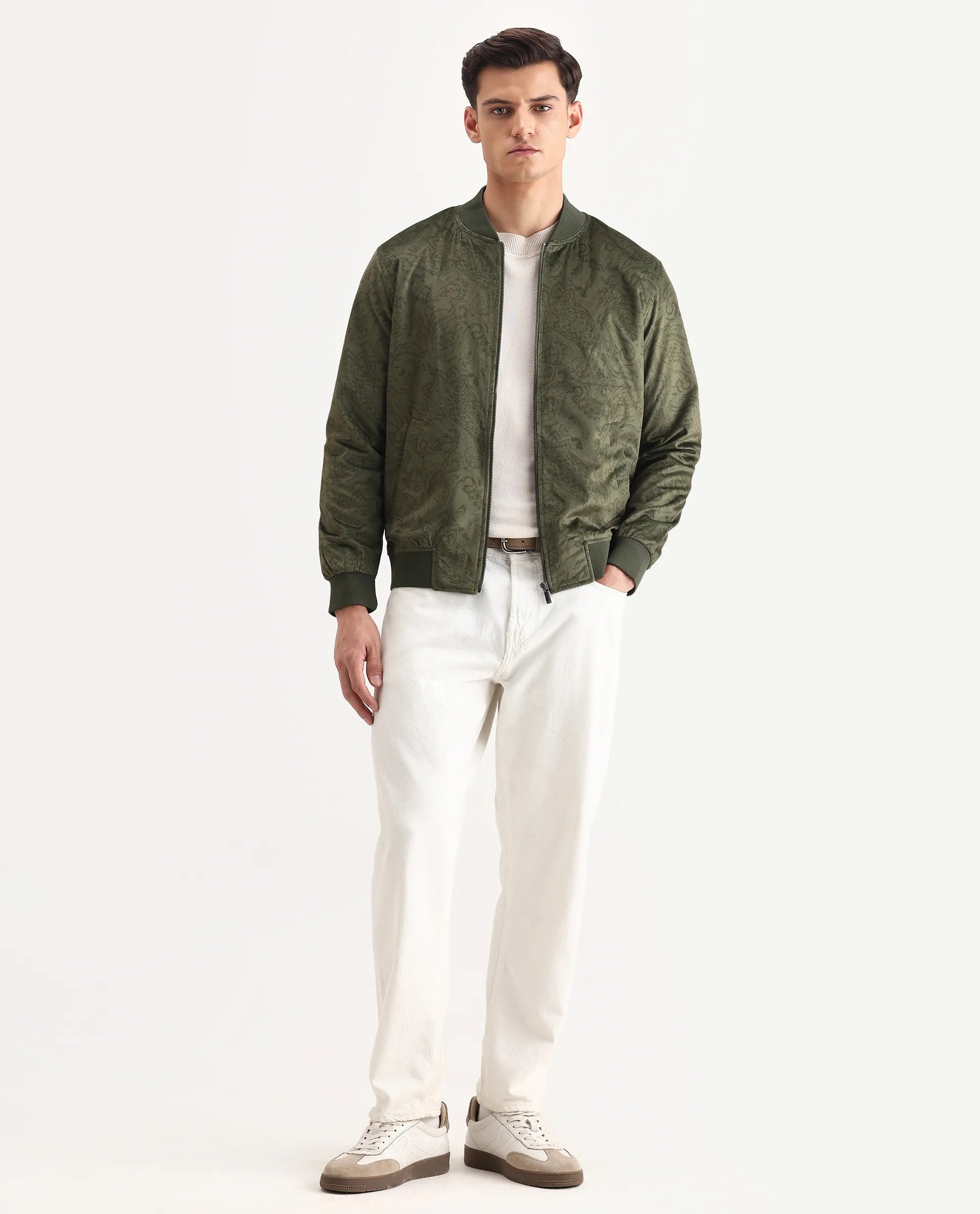 Rare Rabbit Men's Suedo Green Polyester Fabric Mandarin Collar Regular Fit Paisley Print Jacket