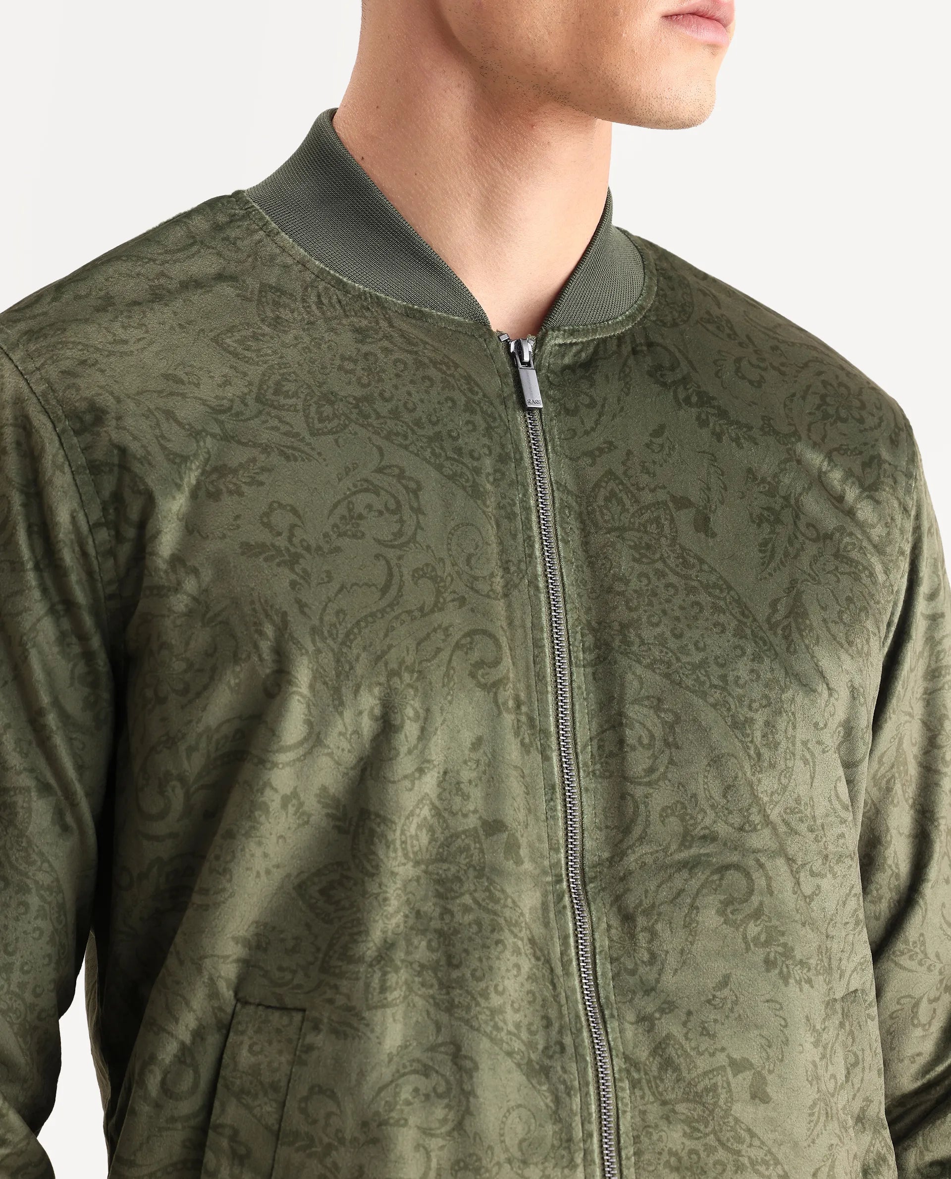 Rare Rabbit Men's Suedo Green Polyester Fabric Mandarin Collar Regular Fit Paisley Print Jacket