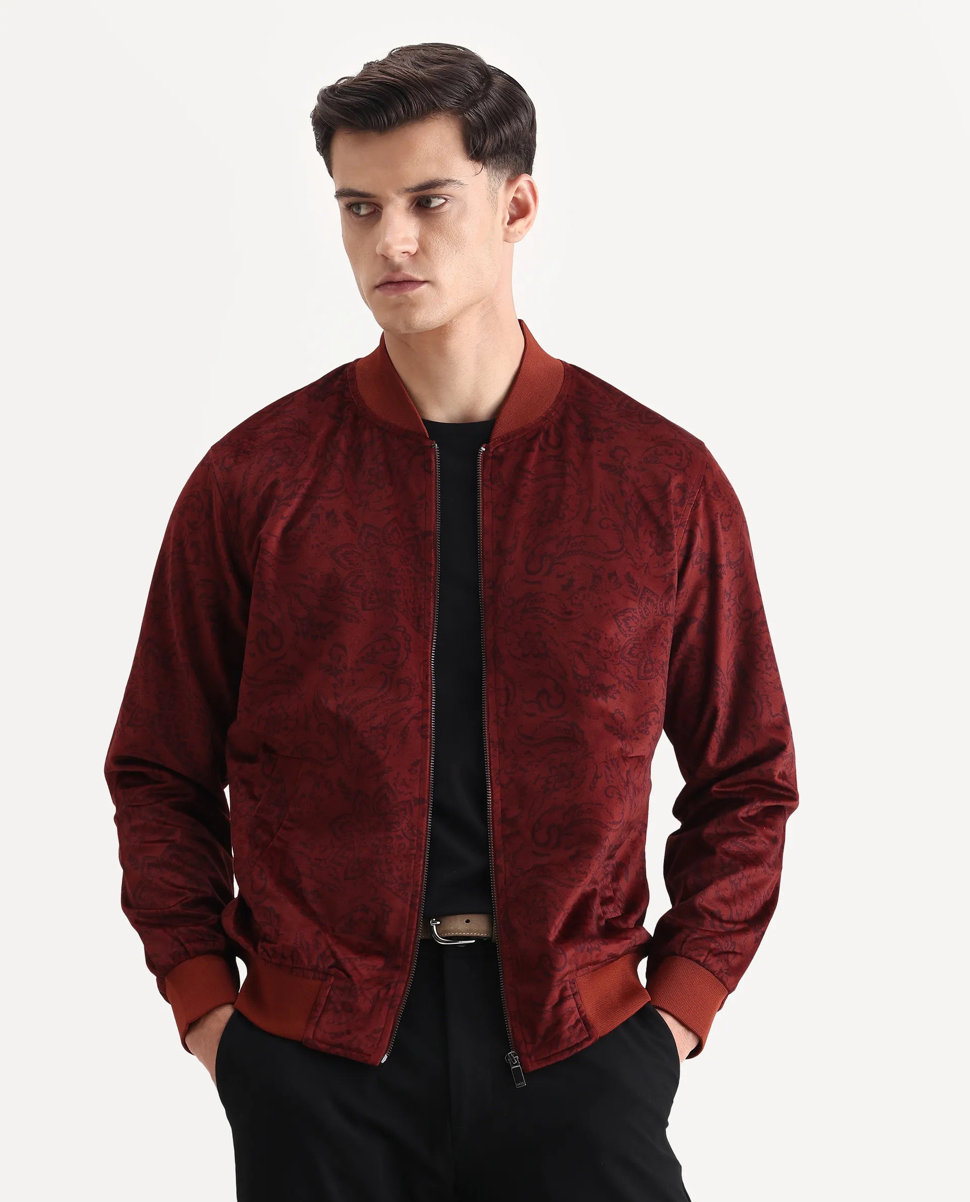 Rare Rabbit Men's Suedo Rust Polyester Fabric Mandarin Collar Regular Fit Paisley Print Jacket