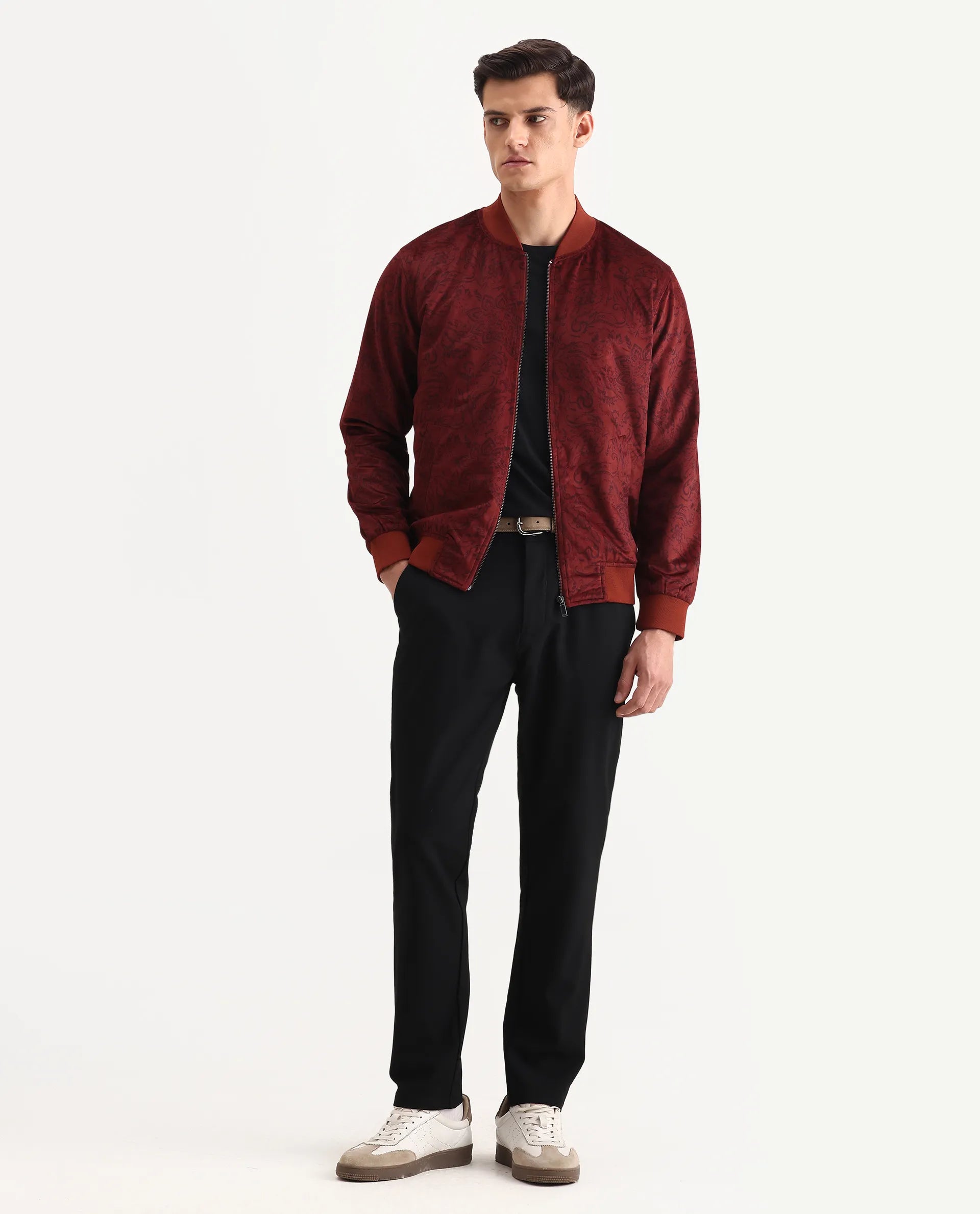 Rare Rabbit Men's Suedo Rust Polyester Fabric Mandarin Collar Regular Fit Paisley Print Jacket