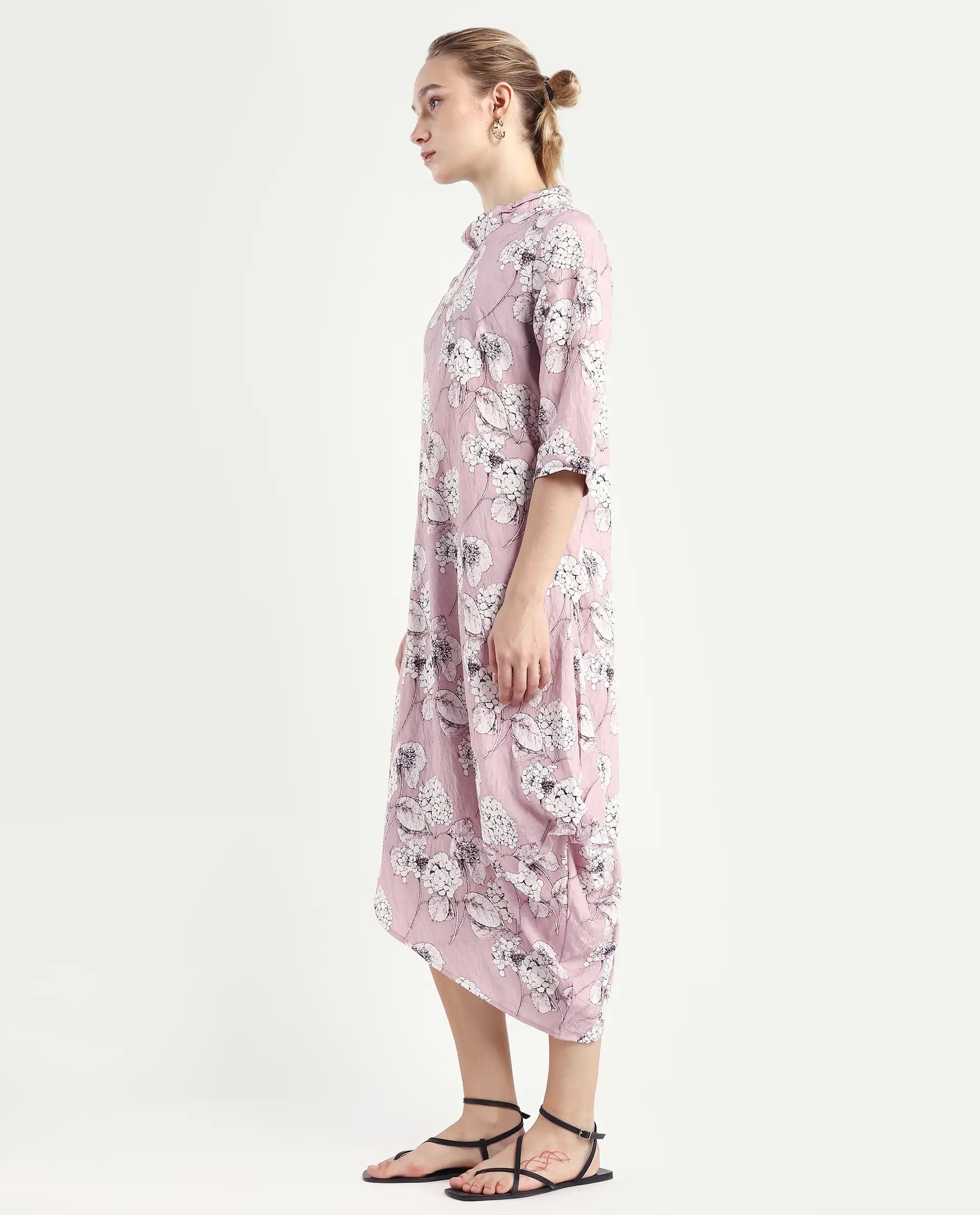 Rareism Women's Sullivio Dusky Pink Nylon Blend High Neck Floral Print Midi Relaxed Fit Dress