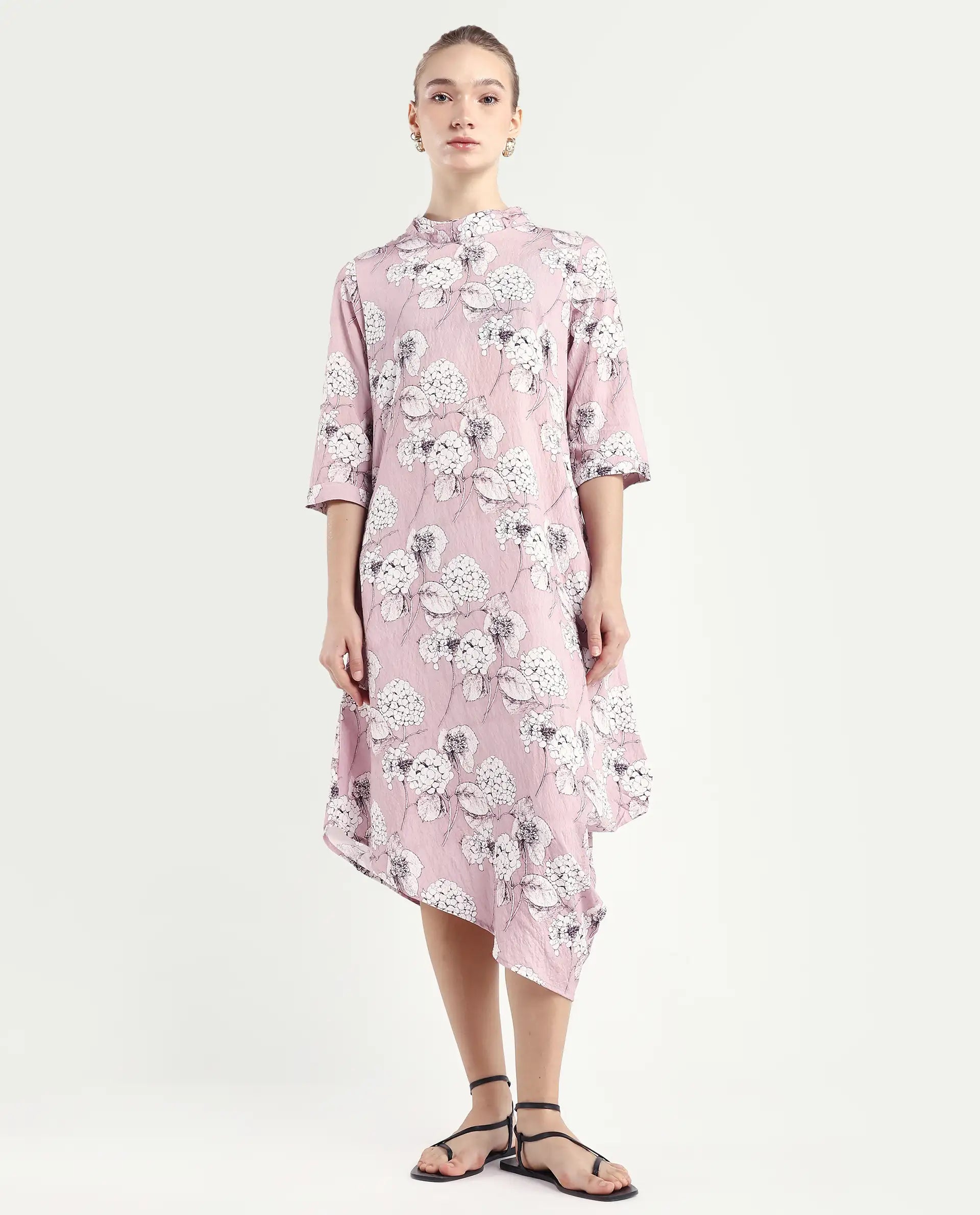 Rareism Women's Sullivio Dusky Pink Nylon Blend High Neck Floral Print Midi Relaxed Fit Dress