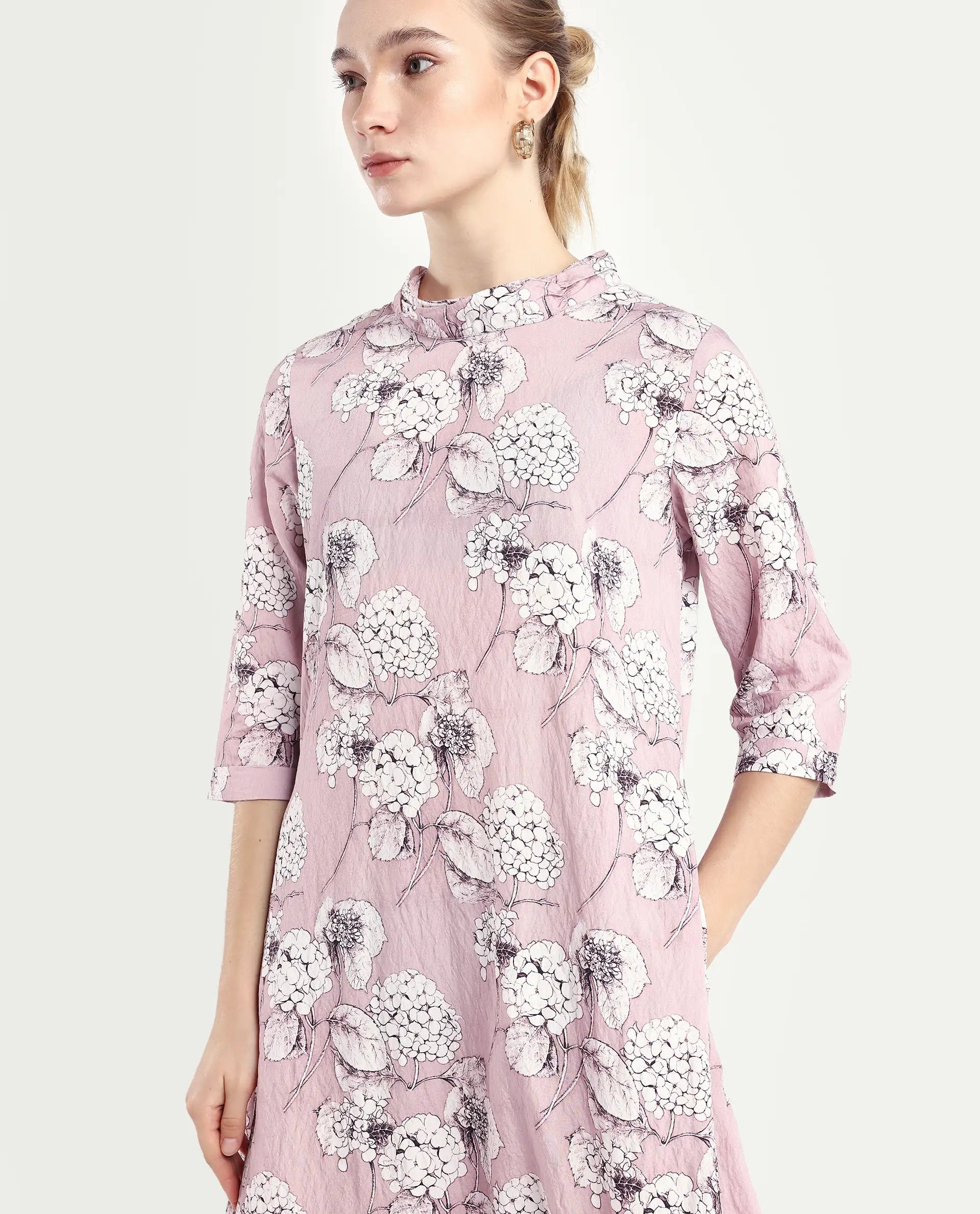 Rareism Women's Sullivio Dusky Pink Nylon Blend High Neck Floral Print Midi Relaxed Fit Dress