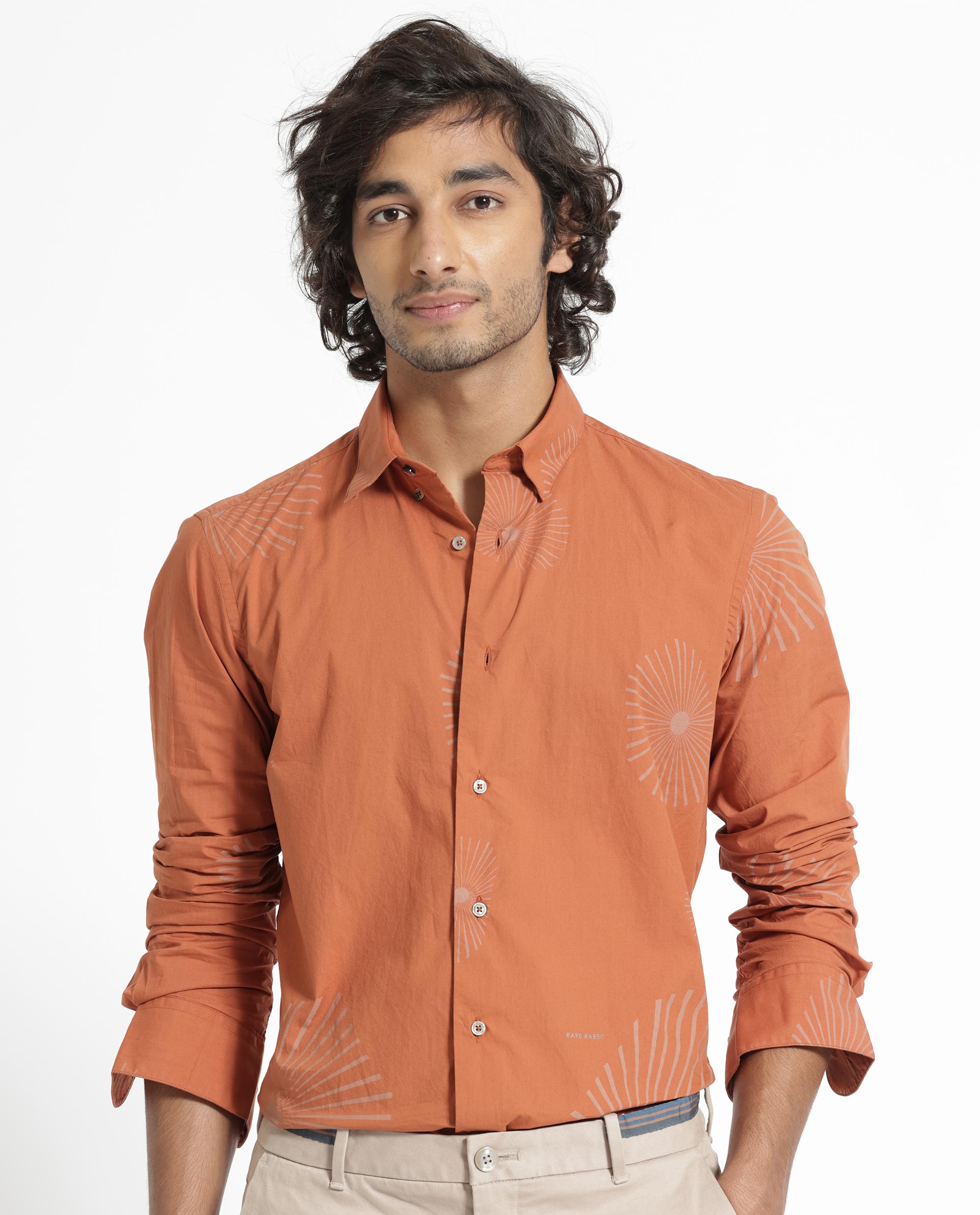 Rare Rabbit Men's Sunn Orange Poplin Fabric Floral Print Full Sleeves Shirt