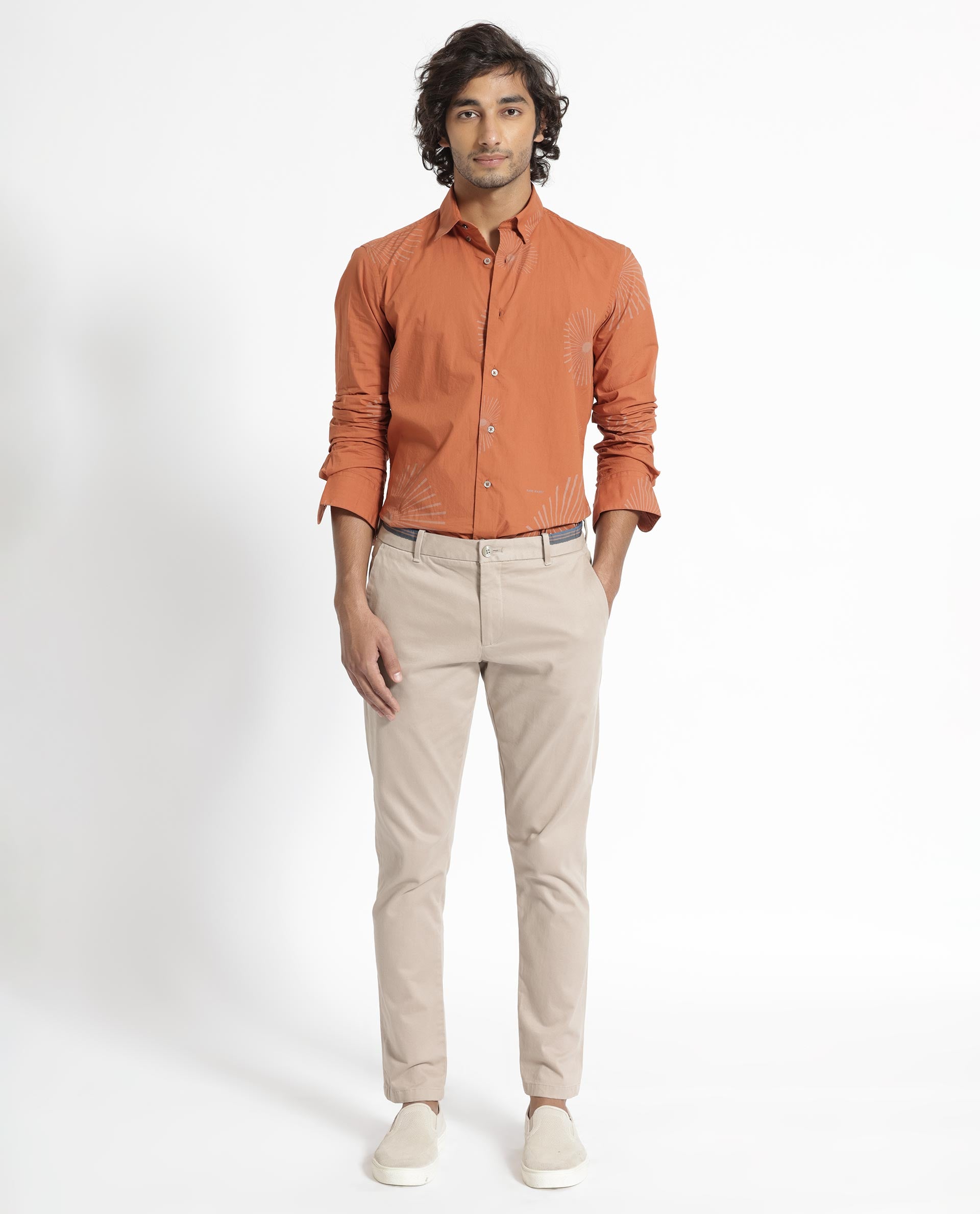 Rare Rabbit Men's Sunn Orange Poplin Fabric Floral Print Full Sleeves Shirt