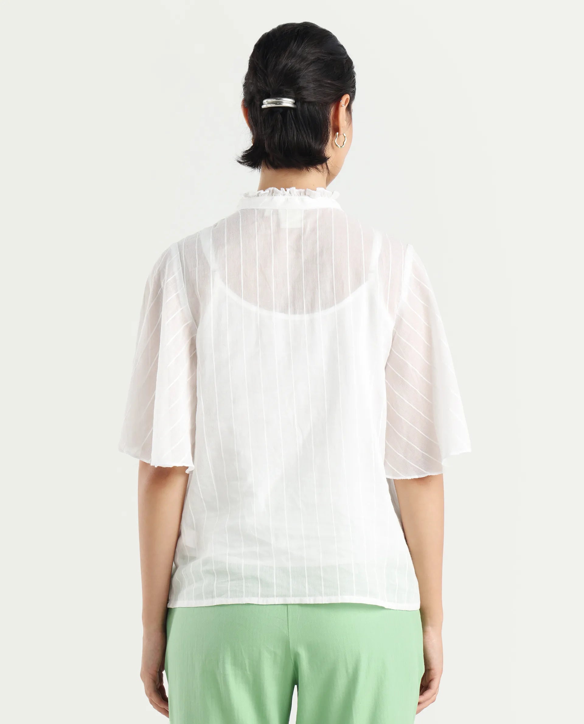 Rareism Women's Sura Off White Cotton Sweetheart Neck Plain Bell Sleeve Regular Fit Top