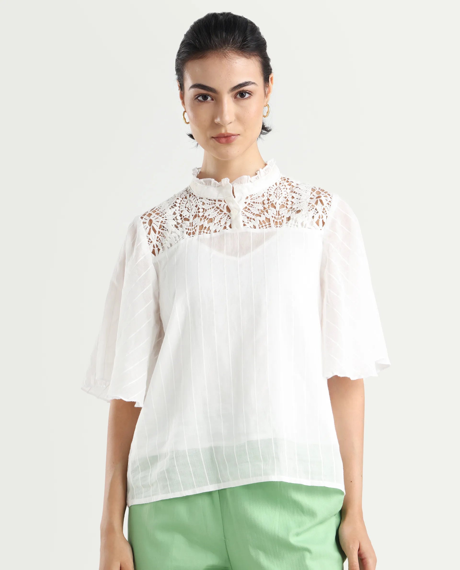 Rareism Women's Sura Off White Cotton Sweetheart Neck Plain Bell Sleeve Regular Fit Top