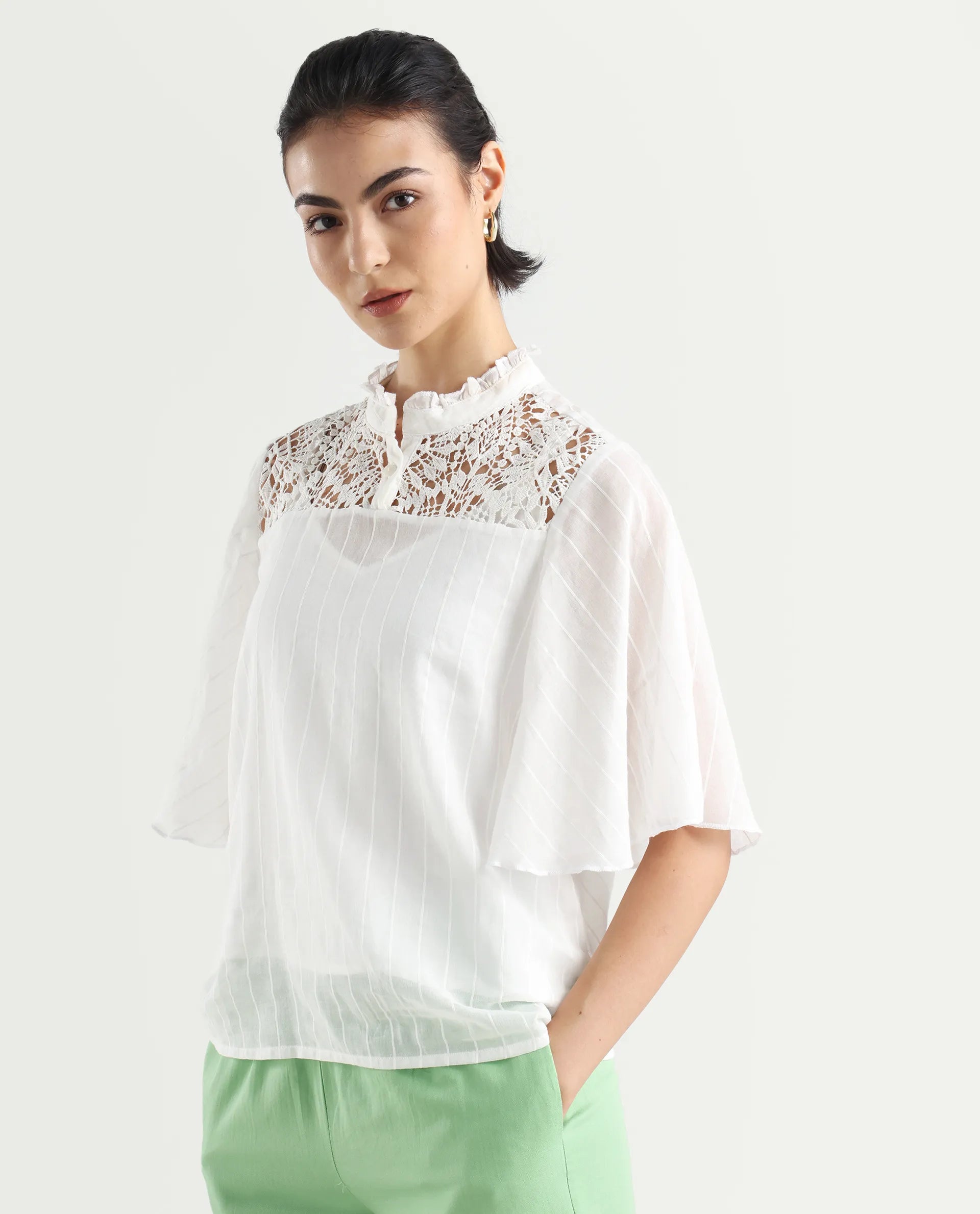 Rareism Women's Sura Off White Cotton Sweetheart Neck Plain Bell Sleeve Regular Fit Top