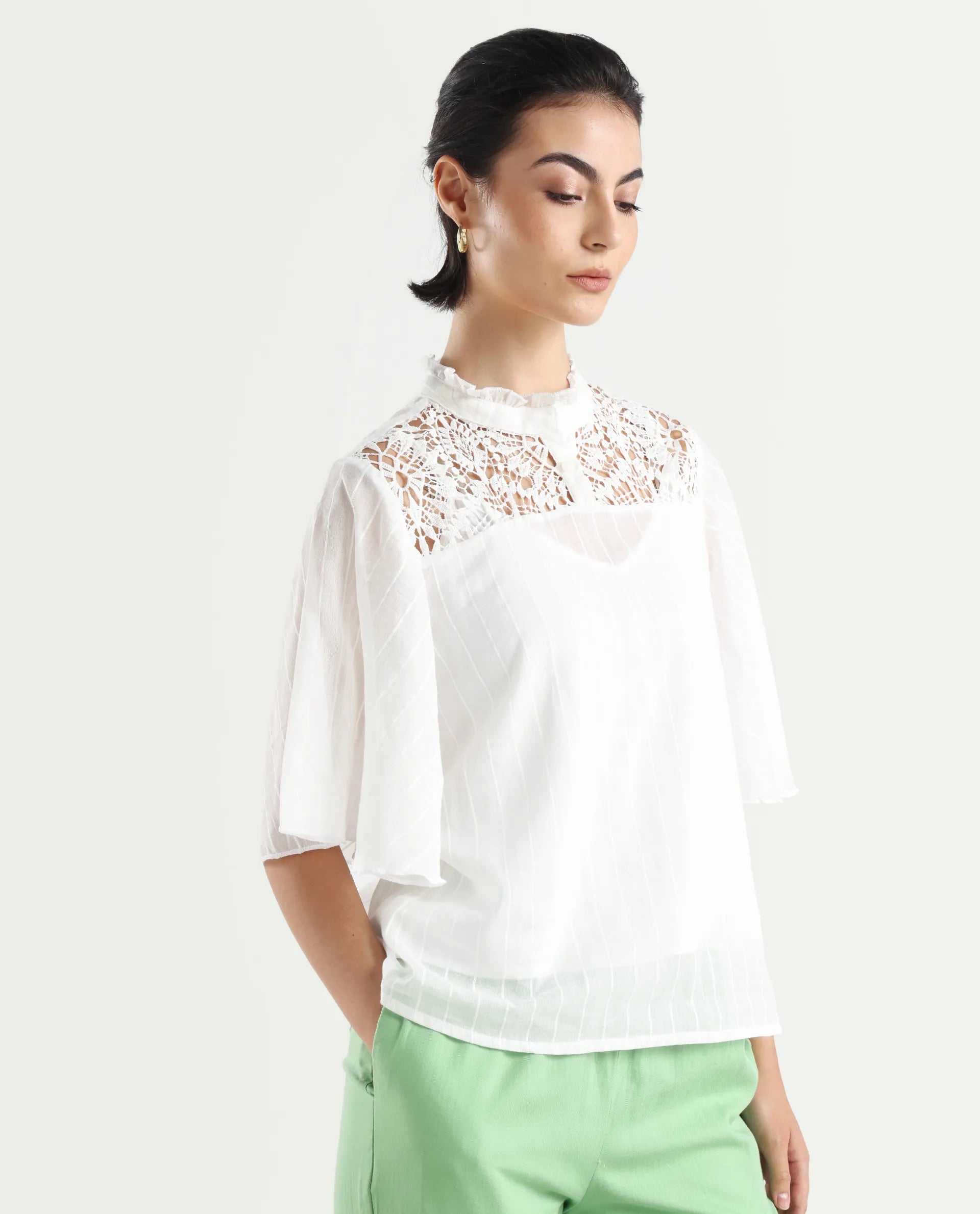 Rareism Women's Sura Off White Cotton Sweetheart Neck Plain Bell Sleeve Regular Fit Top