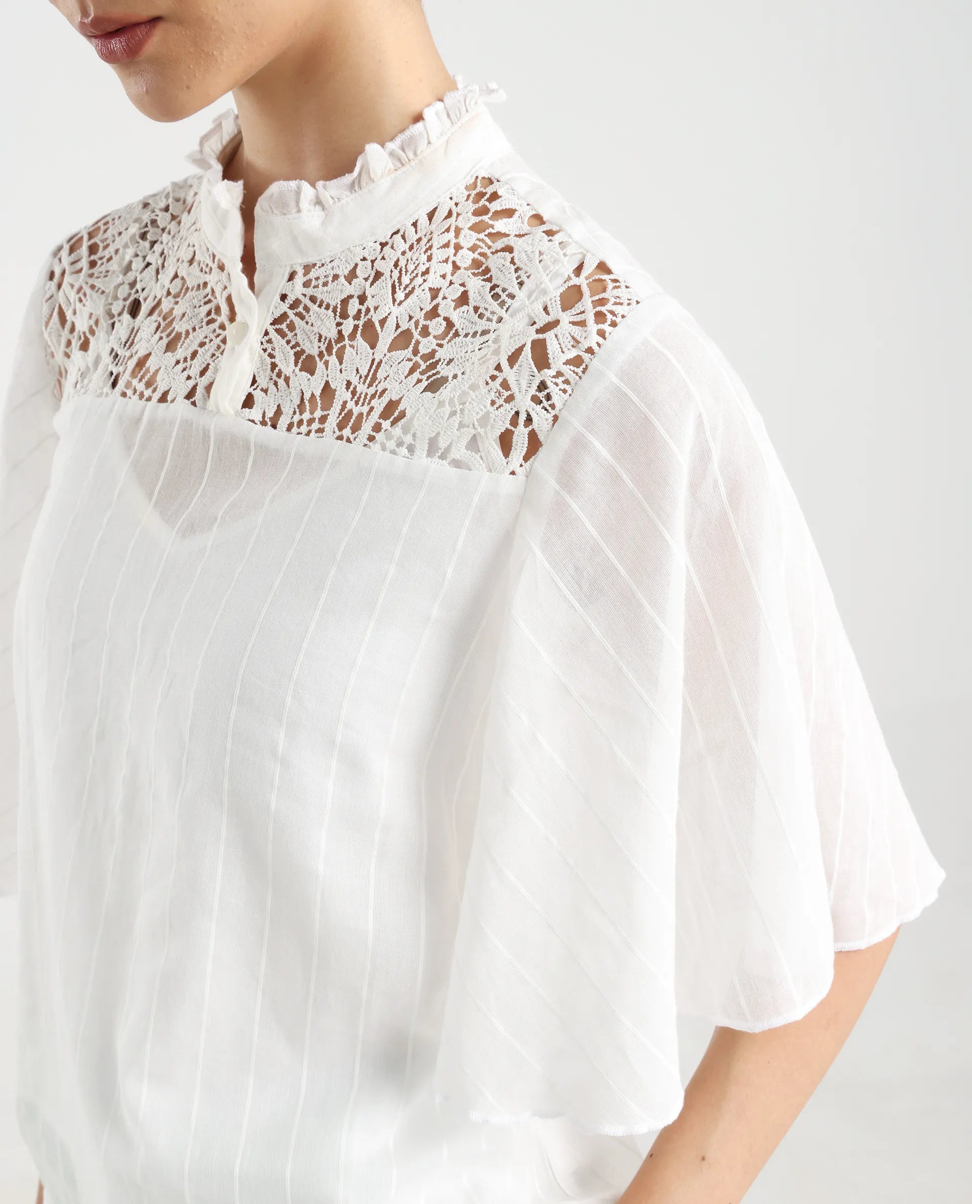 Rareism Women's Sura Off White Cotton Sweetheart Neck Plain Bell Sleeve Regular Fit Top