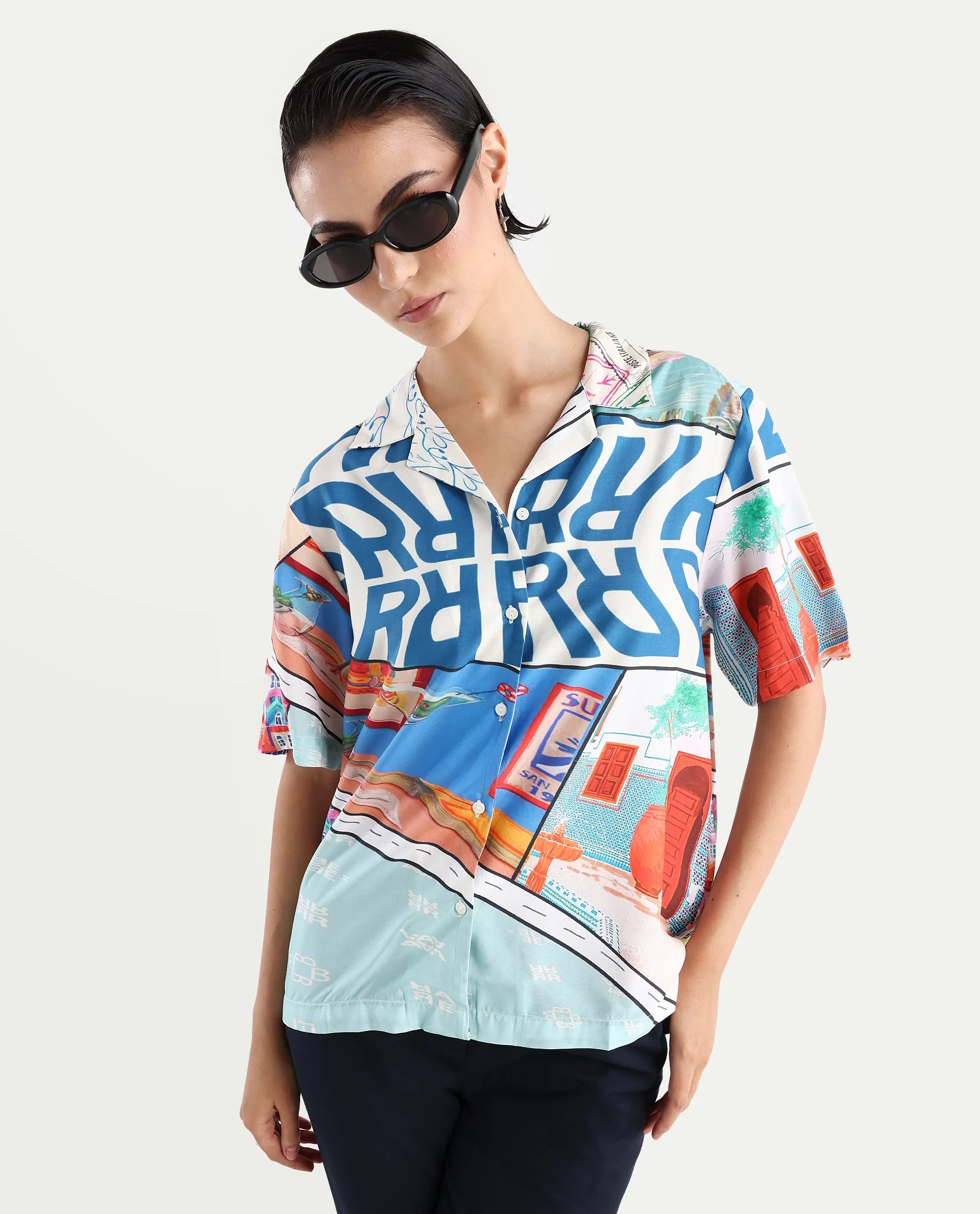 Rareism Women's Surfer Light Multi Viscose Spread Collar Abstract Print Relaxed Fit Top