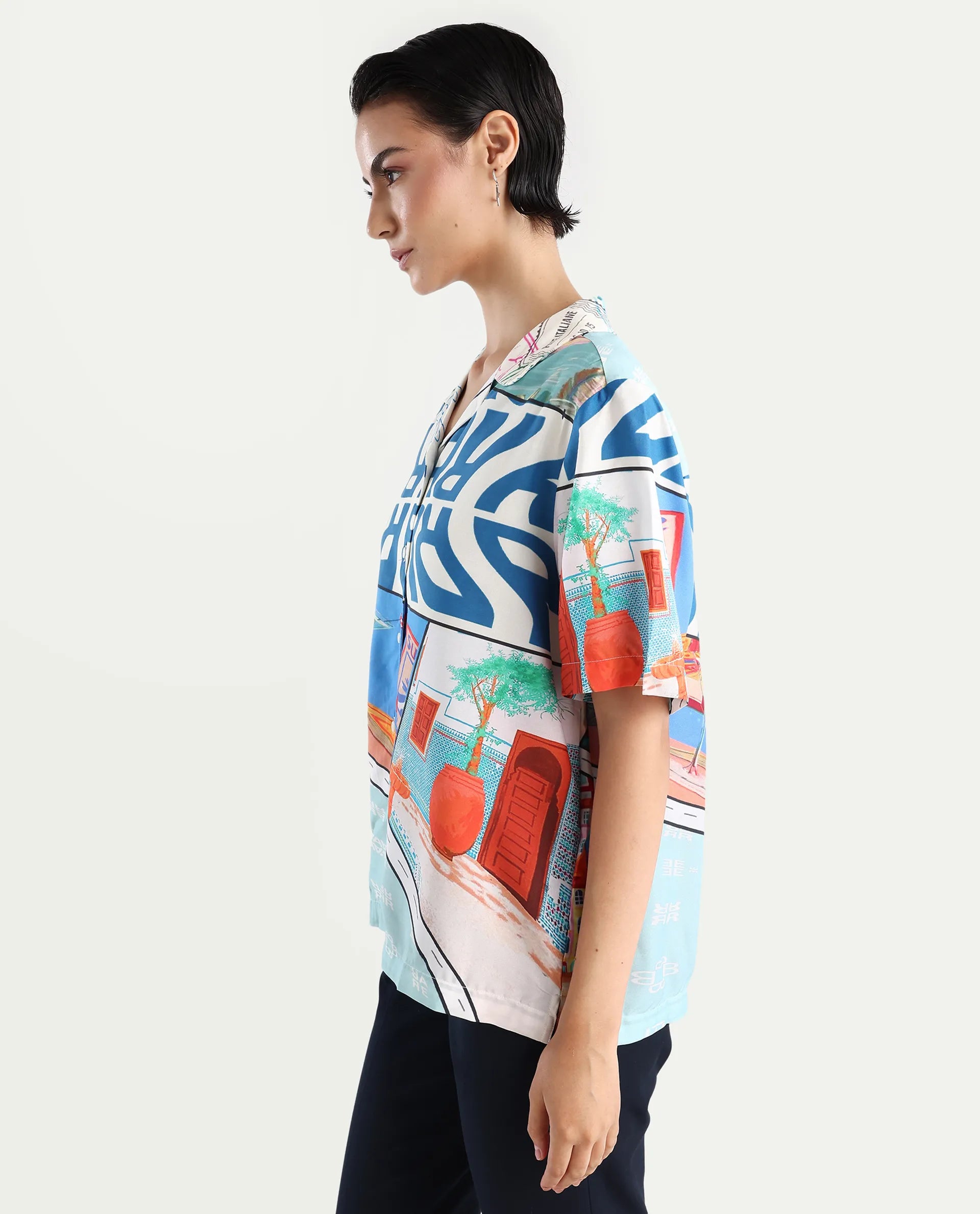 Rareism Women's Surfer Light Multi Viscose Spread Collar Abstract Print Relaxed Fit Top