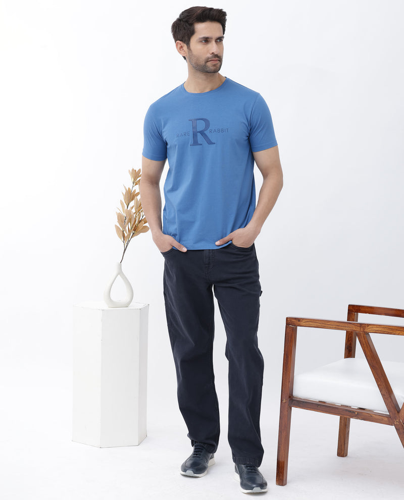 Rare Rabbit Mens Sorin Turq Cotton Lycra Fabric Short Sleeve Regular Fit Graphic Print T-Shirt