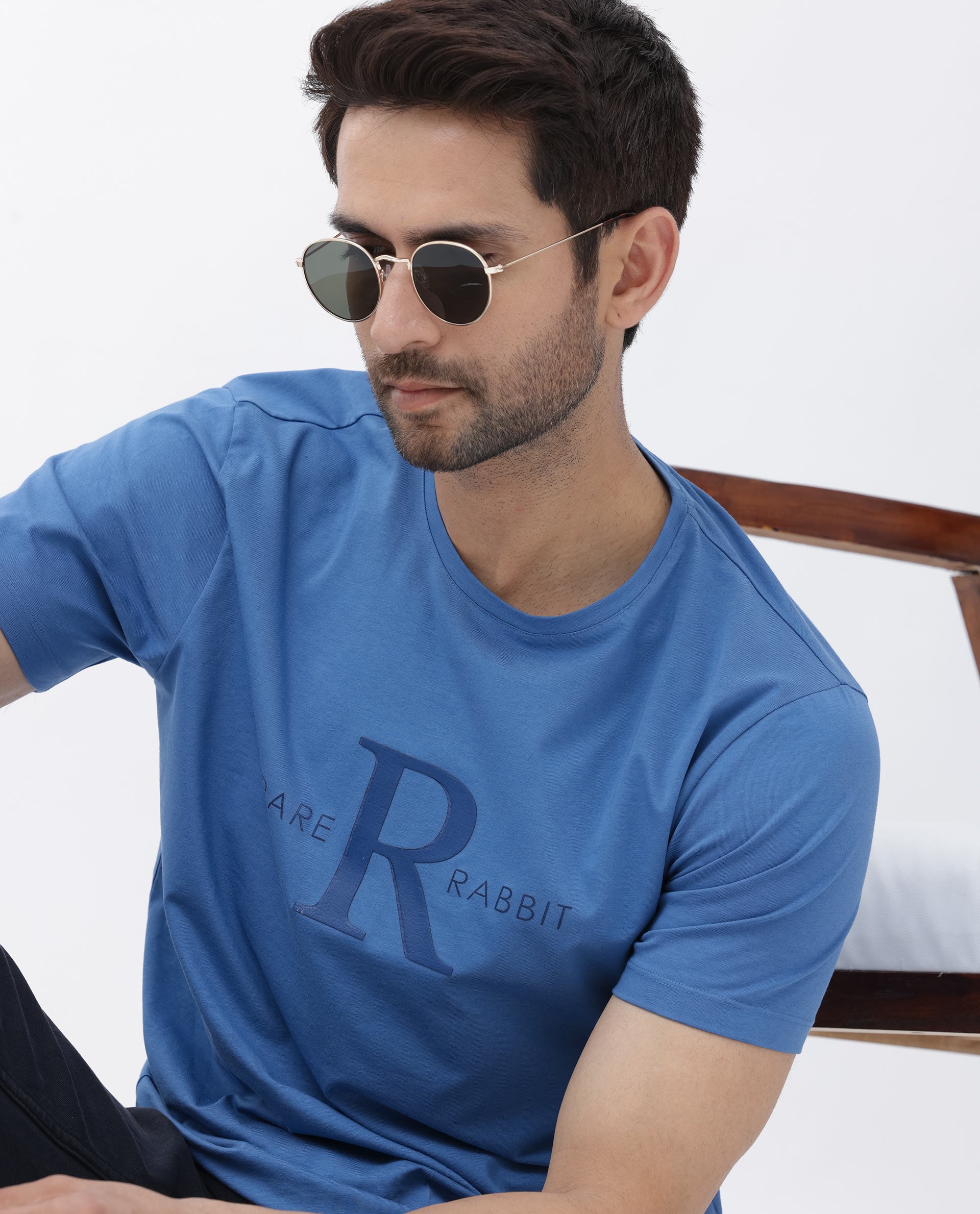 Rare Rabbit Mens Sorin Turq Cotton Lycra Fabric Short Sleeve Regular Fit Graphic Print T-Shirt