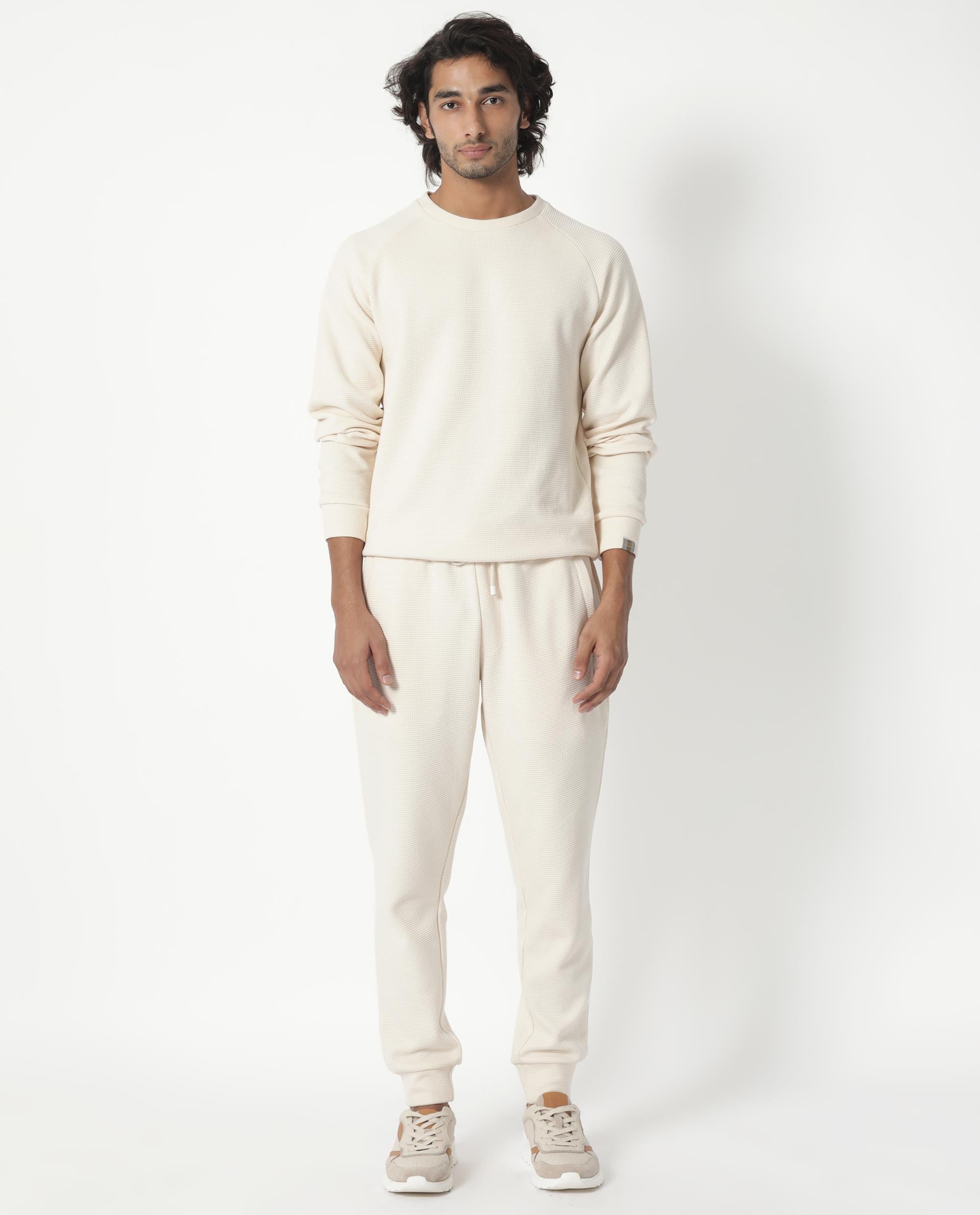 Rare Rabbit Mens Sven Light Beige Sweatshirt Cotton Polyester Fabric Round Neck Knitted Full Sleeves Comfortable Fit