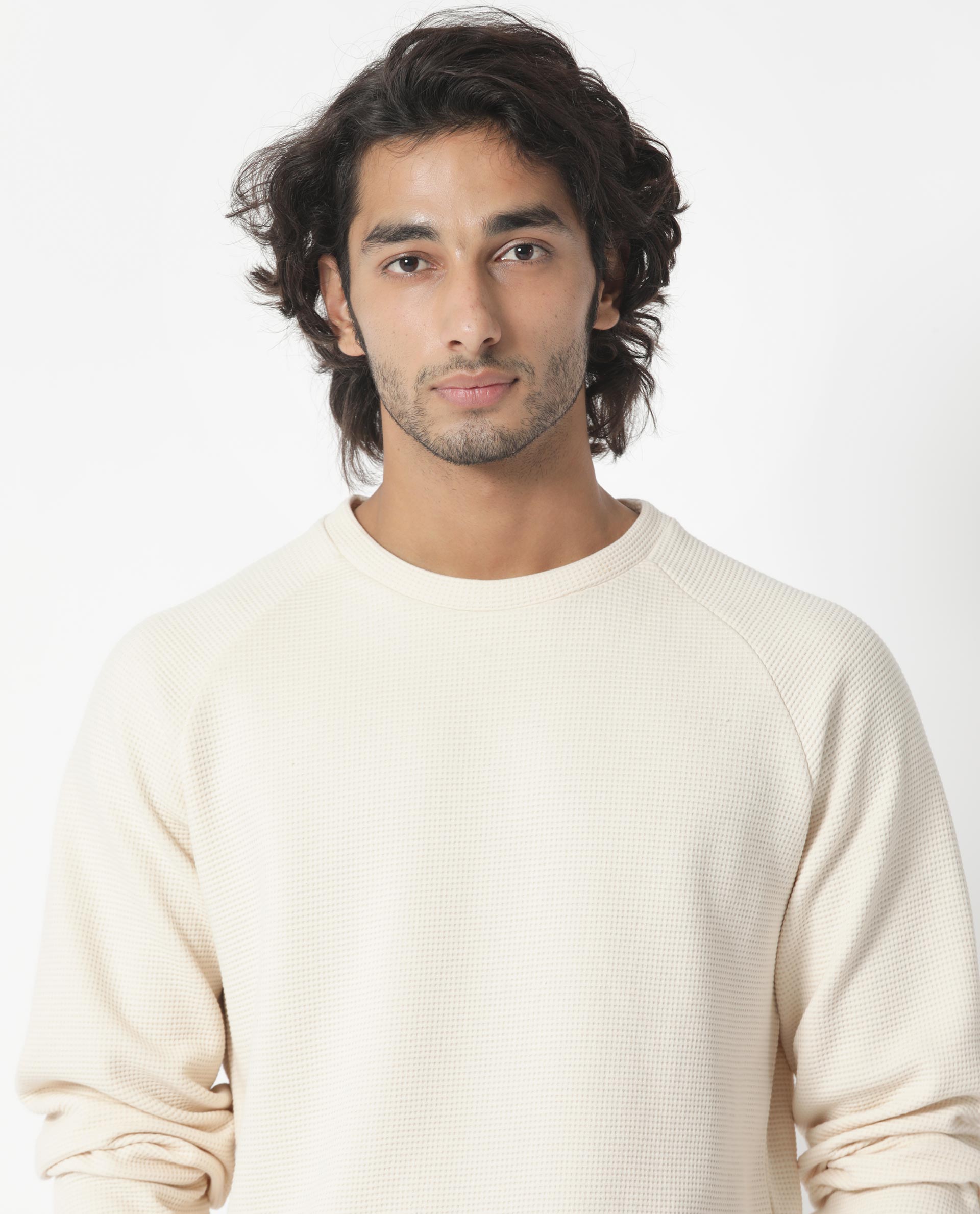 Rare Rabbit Mens Sven Light Beige Sweatshirt Cotton Polyester Fabric Round Neck Knitted Full Sleeves Comfortable Fit