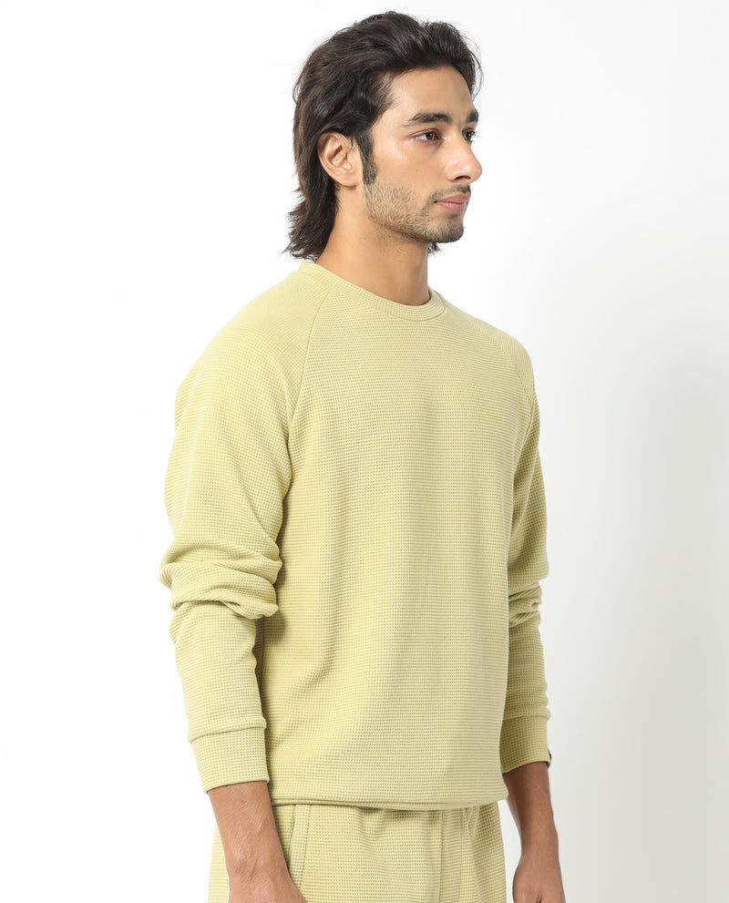 RARE RABBIT MENS SVEN PASTEL GREEN SWEATSHIRT COTTON POLYESTER FABRIC ROUND NECK KNITTED FULL SLEEVES COMFORTABLE FIT