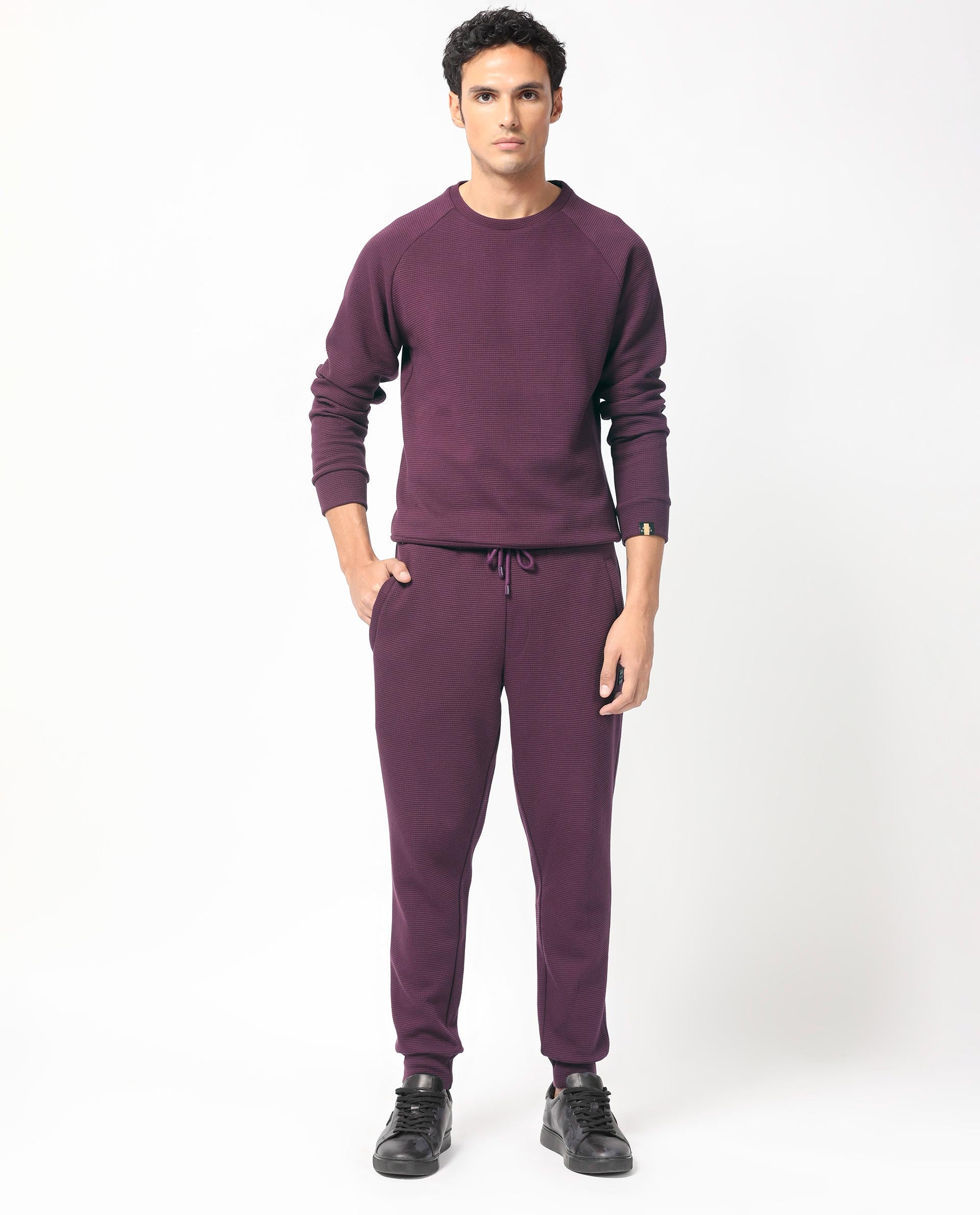 Rare Rabbit Mens Sven Purple Sweatshirt Cotton Polyester Fabric Round Neck Knitted Full Sleeves Comfortable Fit