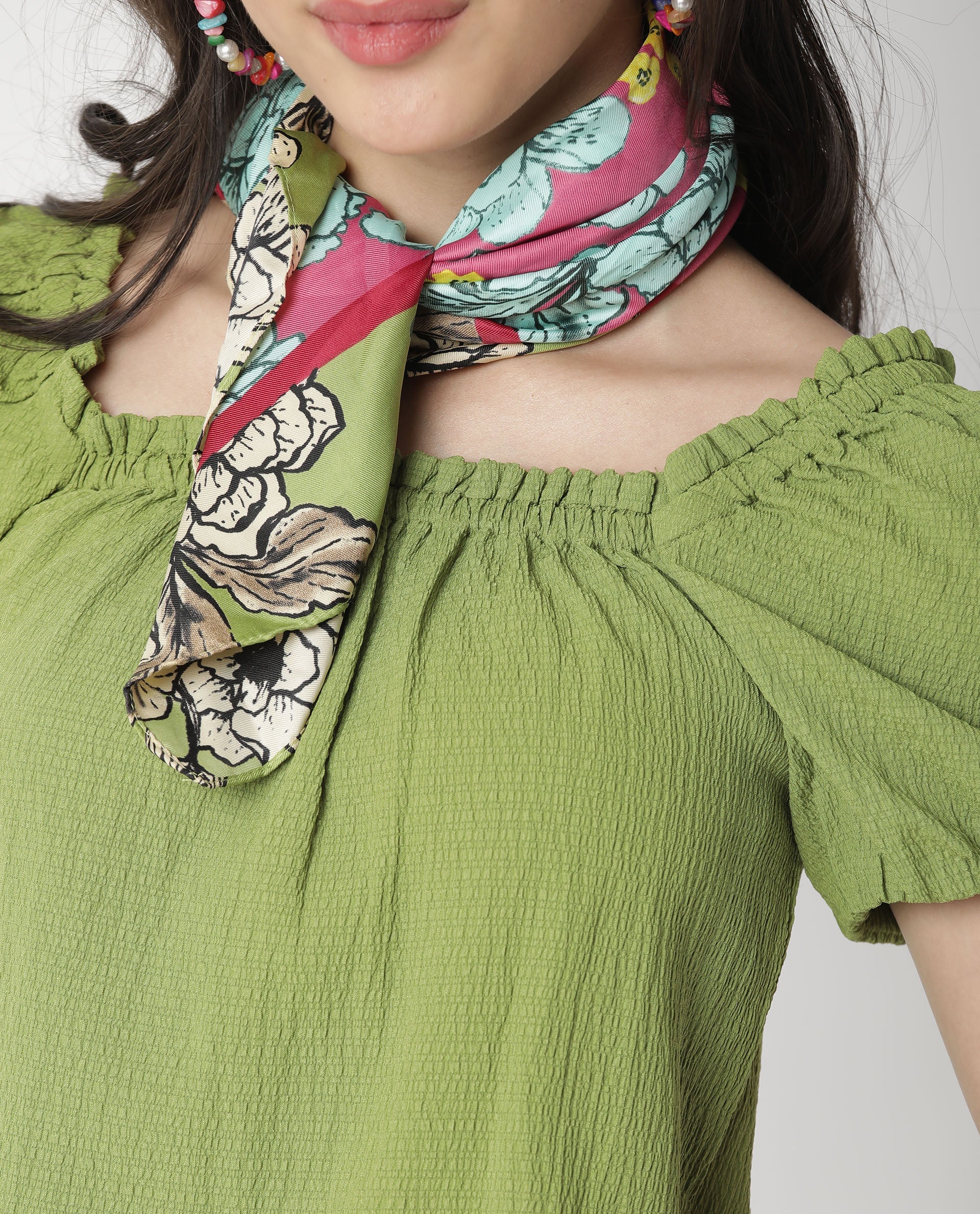 Rareism Women Swag Green Cotton Lycra Fabric Tailored Fit Square Neck Half Sleeves Solid Top