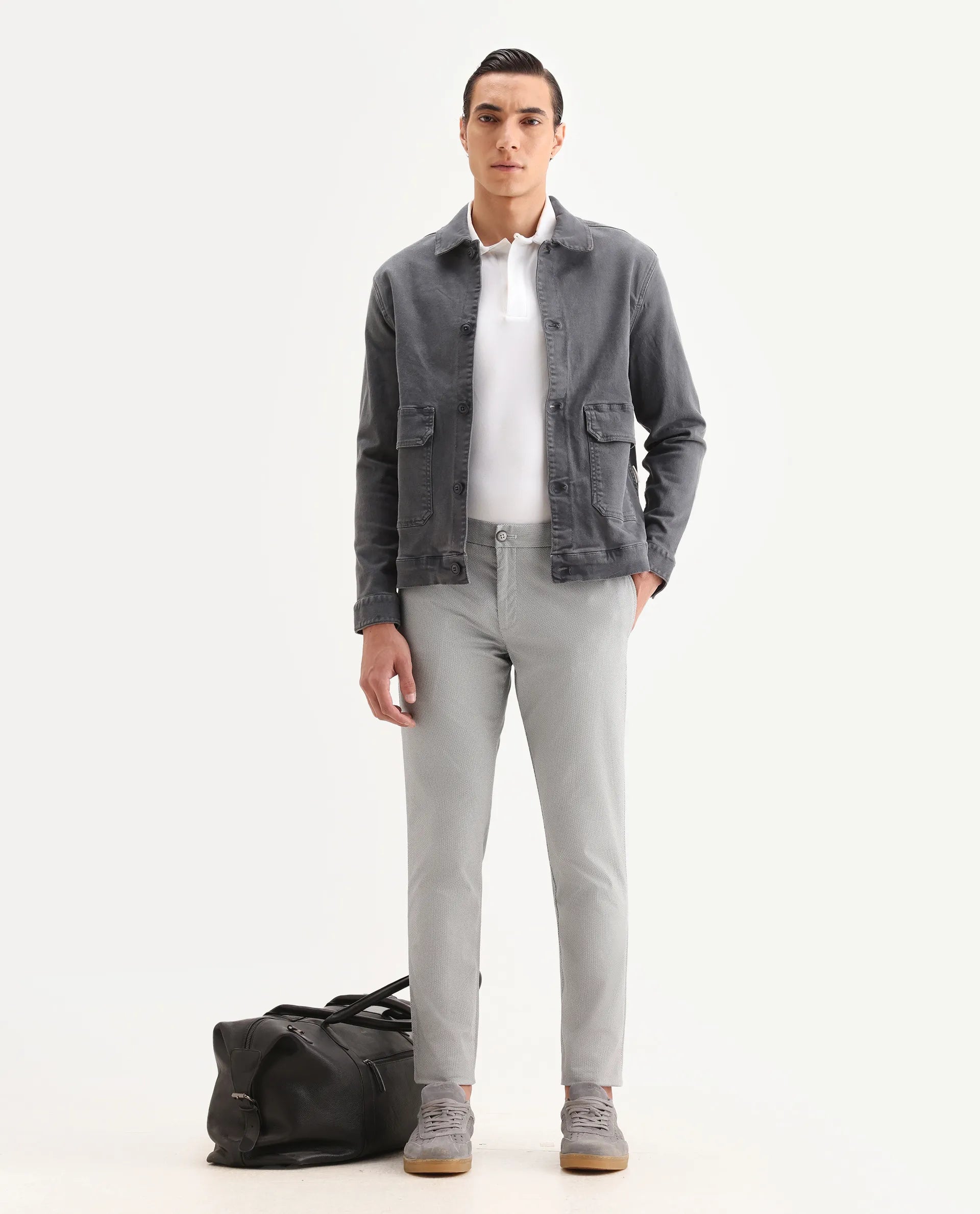 Rare Rabbit Men's Swamp Light Grey Cotton Textured Regular Fit Trouser