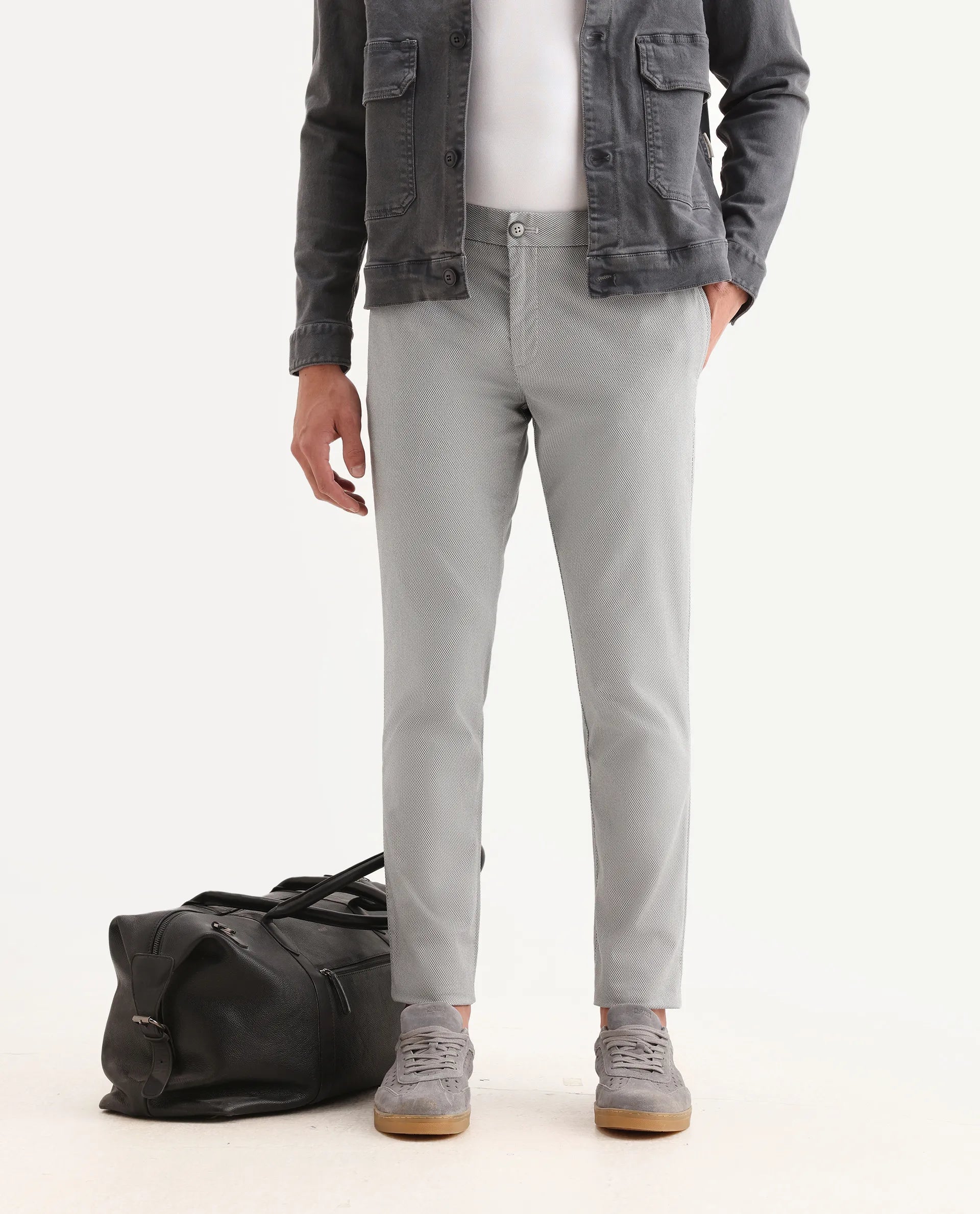 Rare Rabbit Men's Swamp Light Grey Cotton Textured Regular Fit Trouser