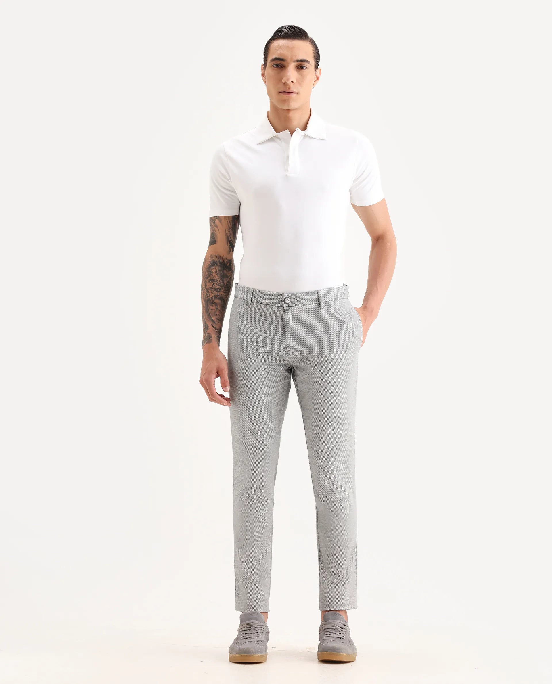 Rare Rabbit Men's Swamp Light Grey Cotton Textured Regular Fit Trouser