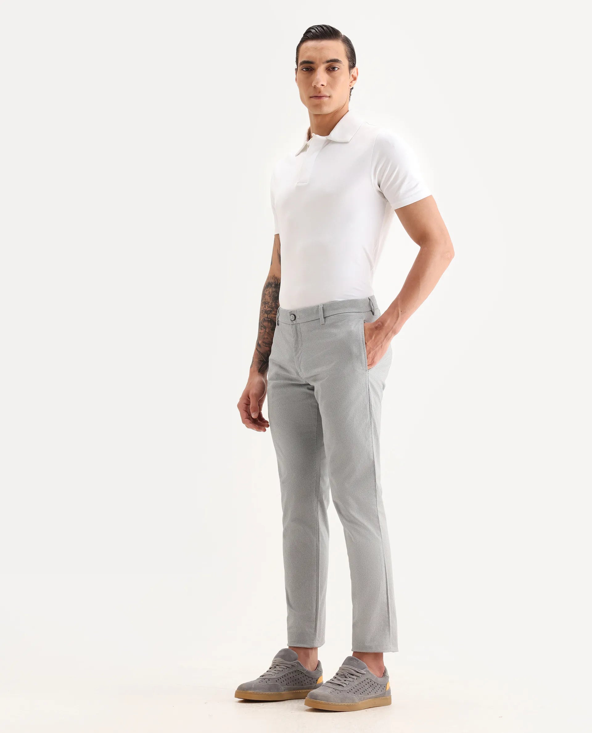 Rare Rabbit Men's Swamp Light Grey Cotton Textured Regular Fit Trouser