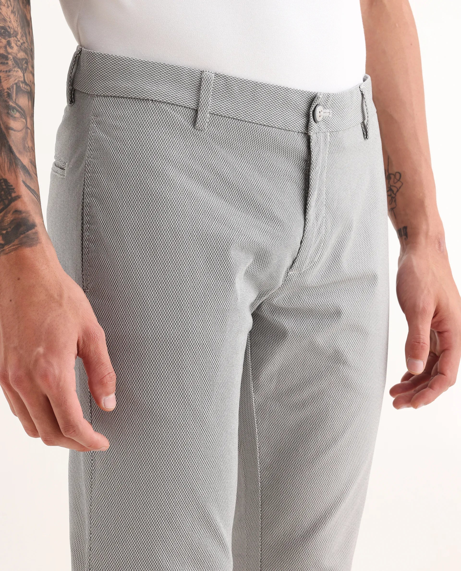 Rare Rabbit Men's Swamp Light Grey Cotton Textured Regular Fit Trouser