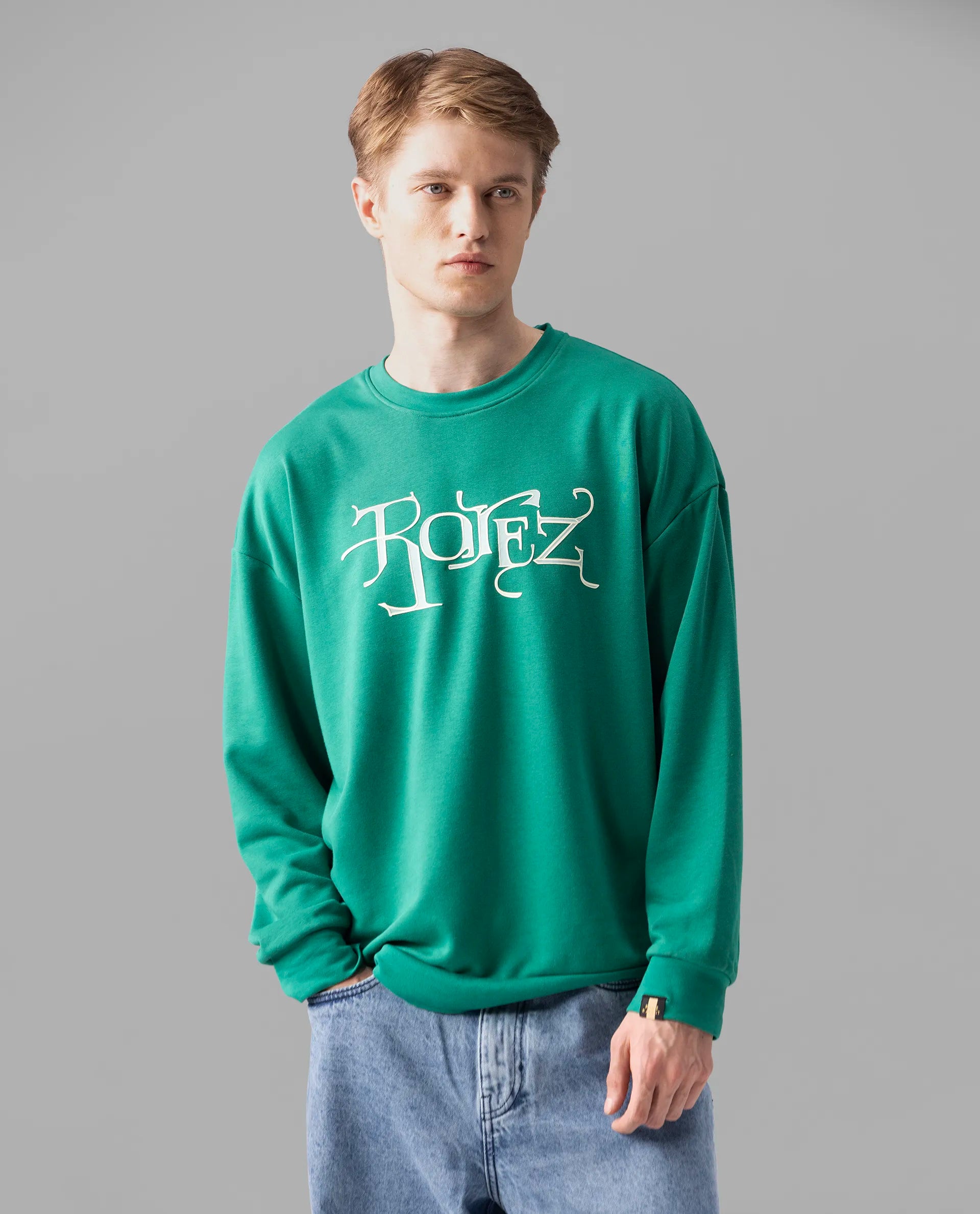 Rare Rabbit Men's Bott Green Cotton Blend Fabric Full Sleeve Crew Neck Boxy Fit Printed Sweatshirt