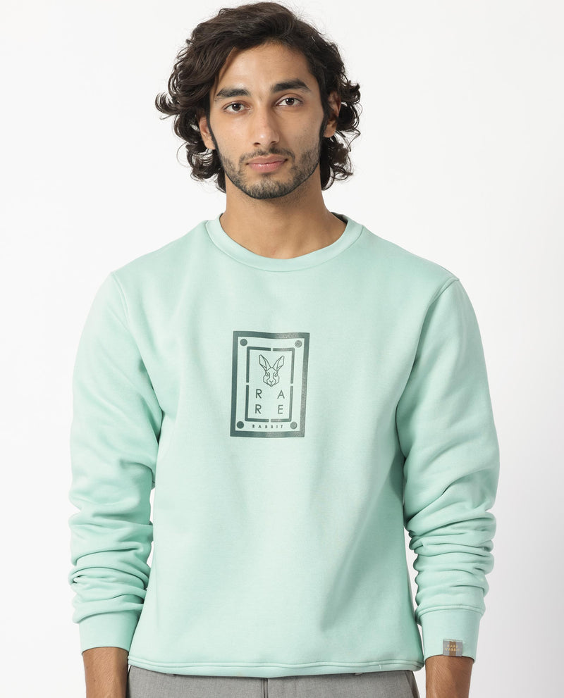 RARE RABBIT MENS SWEENEY LIGHT GREEN SWEATSHIRT COTTON POLYESTER FABRIC ROUND NECK KNITTED FULL SLEEVES COMFORTABLE FIT
