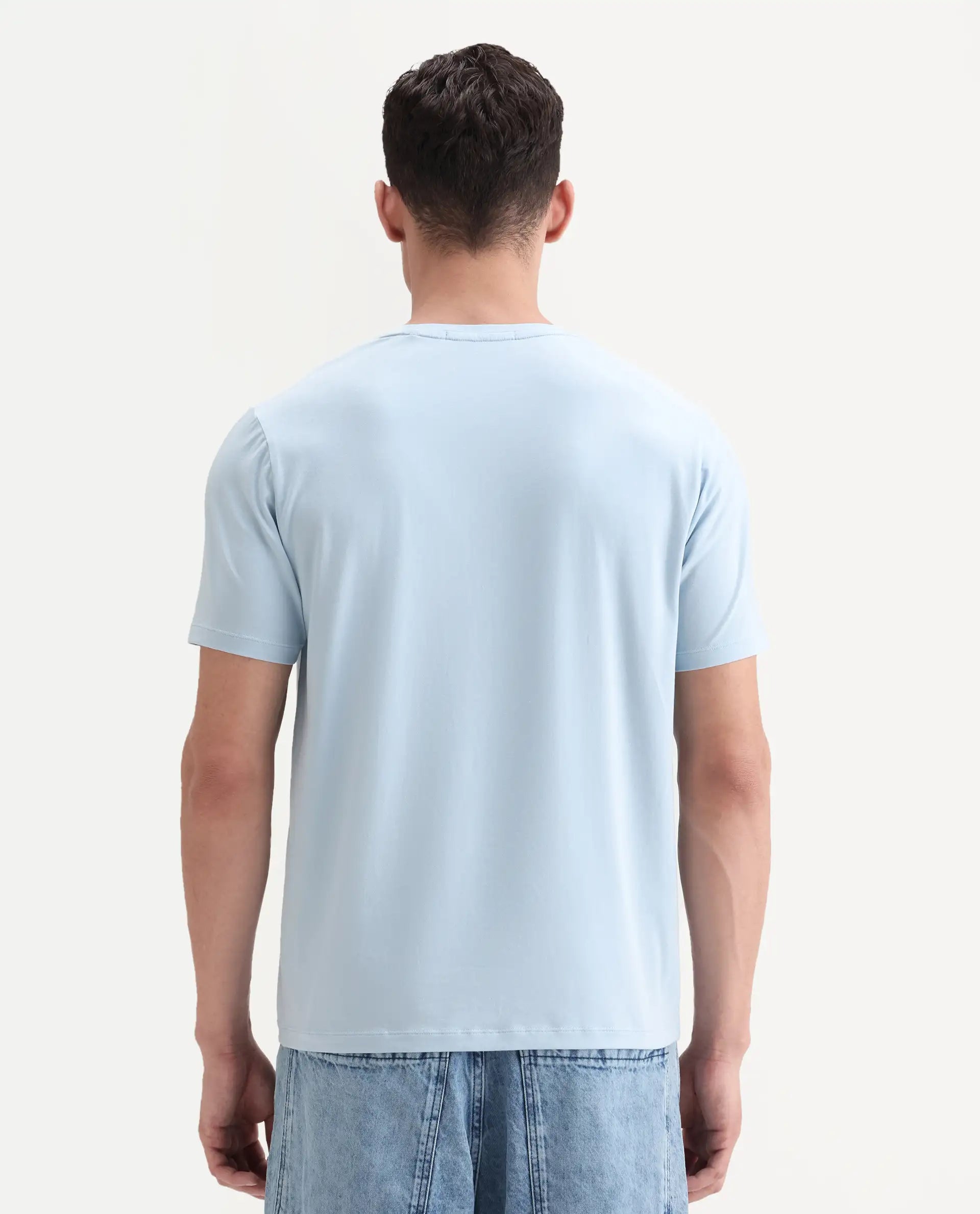 Rare Rabbit Men's Swift Light Blue Cotton Blend Graphic Print Regular Fit Half Sleeve Crew Neck T-Shirt