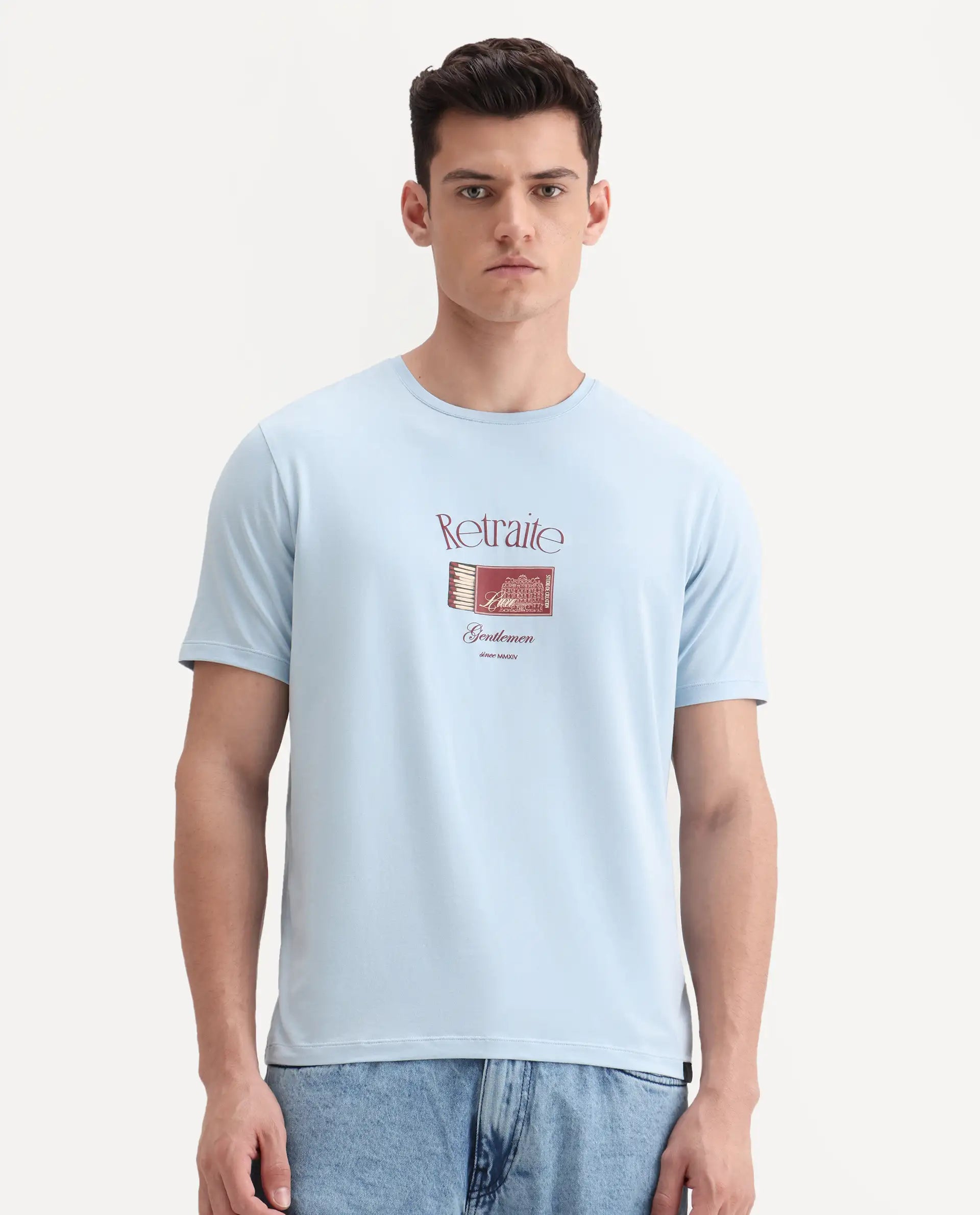 Rare Rabbit Men's Swift Light Blue Cotton Blend Graphic Print Regular Fit Half Sleeve Crew Neck T-Shirt