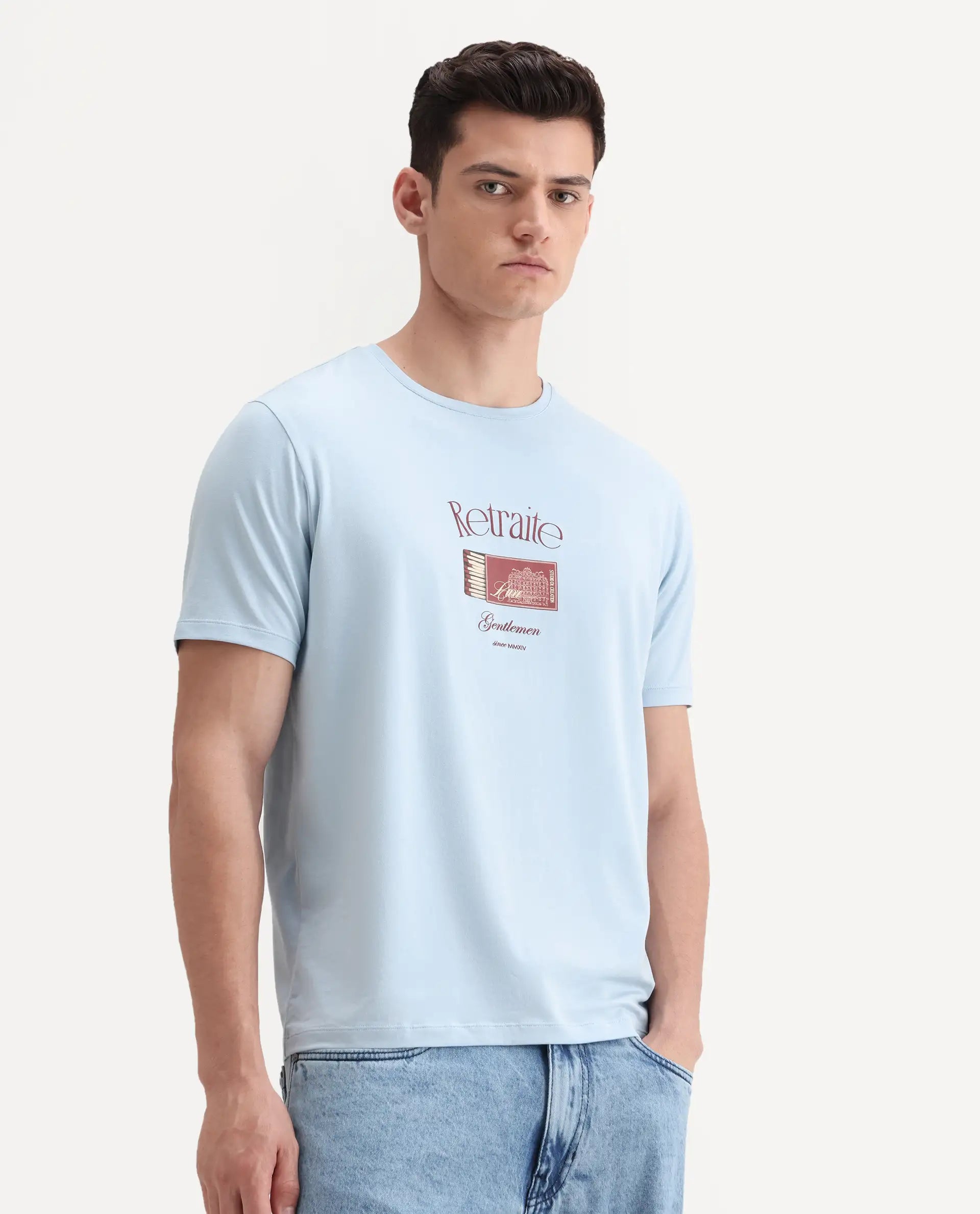 Rare Rabbit Men's Swift Light Blue Cotton Blend Graphic Print Regular Fit Half Sleeve Crew Neck T-Shirt