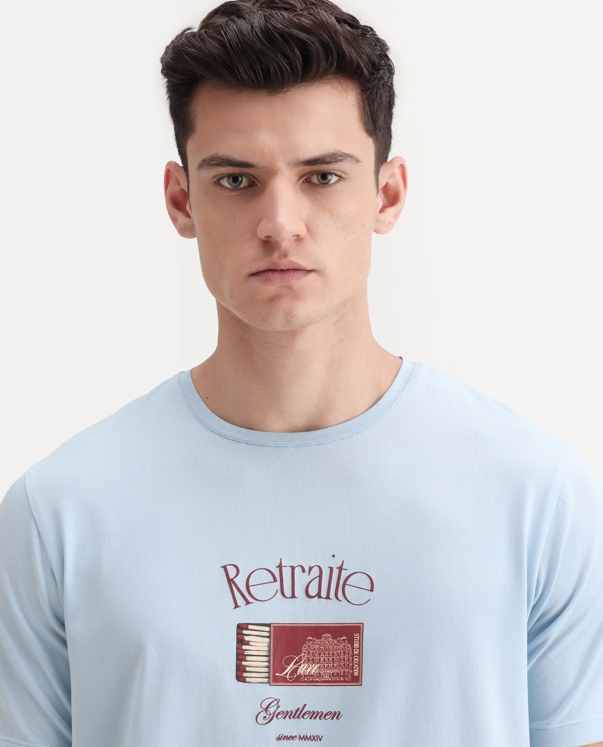 Rare Rabbit Men's Swift Light Blue Cotton Blend Graphic Print Regular Fit Half Sleeve Crew Neck T-Shirt