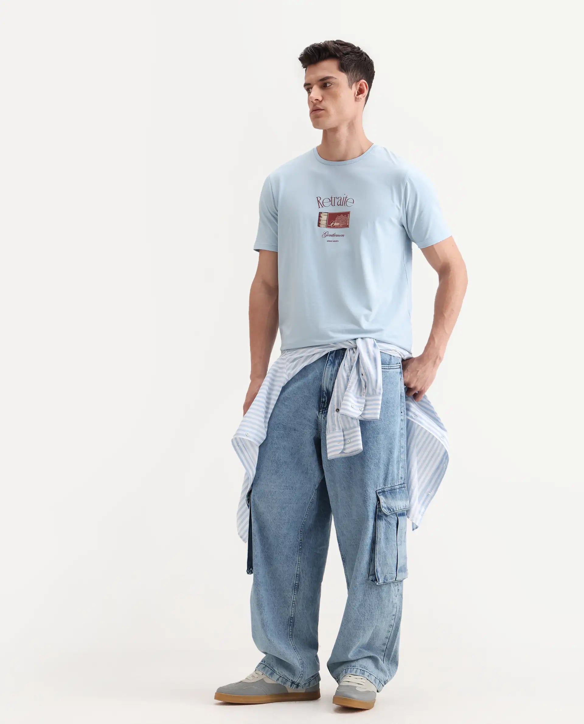 Rare Rabbit Men's Swift Light Blue Cotton Blend Graphic Print Regular Fit Half Sleeve Crew Neck T-Shirt