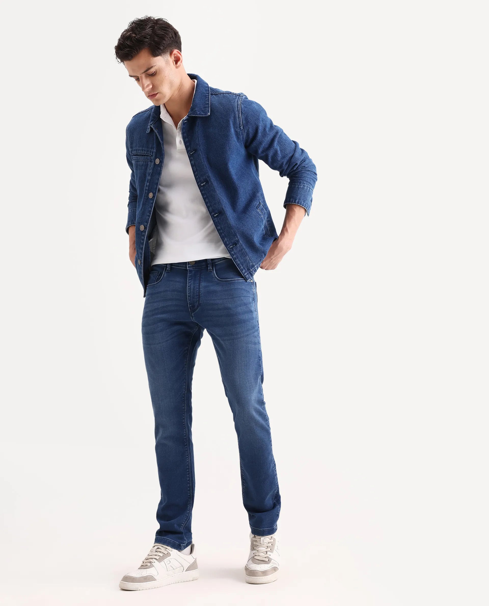 Rare Rabbit Men's Switz-2 Blue Cotton Blend Fabric Hawk Slim Plain Jeans