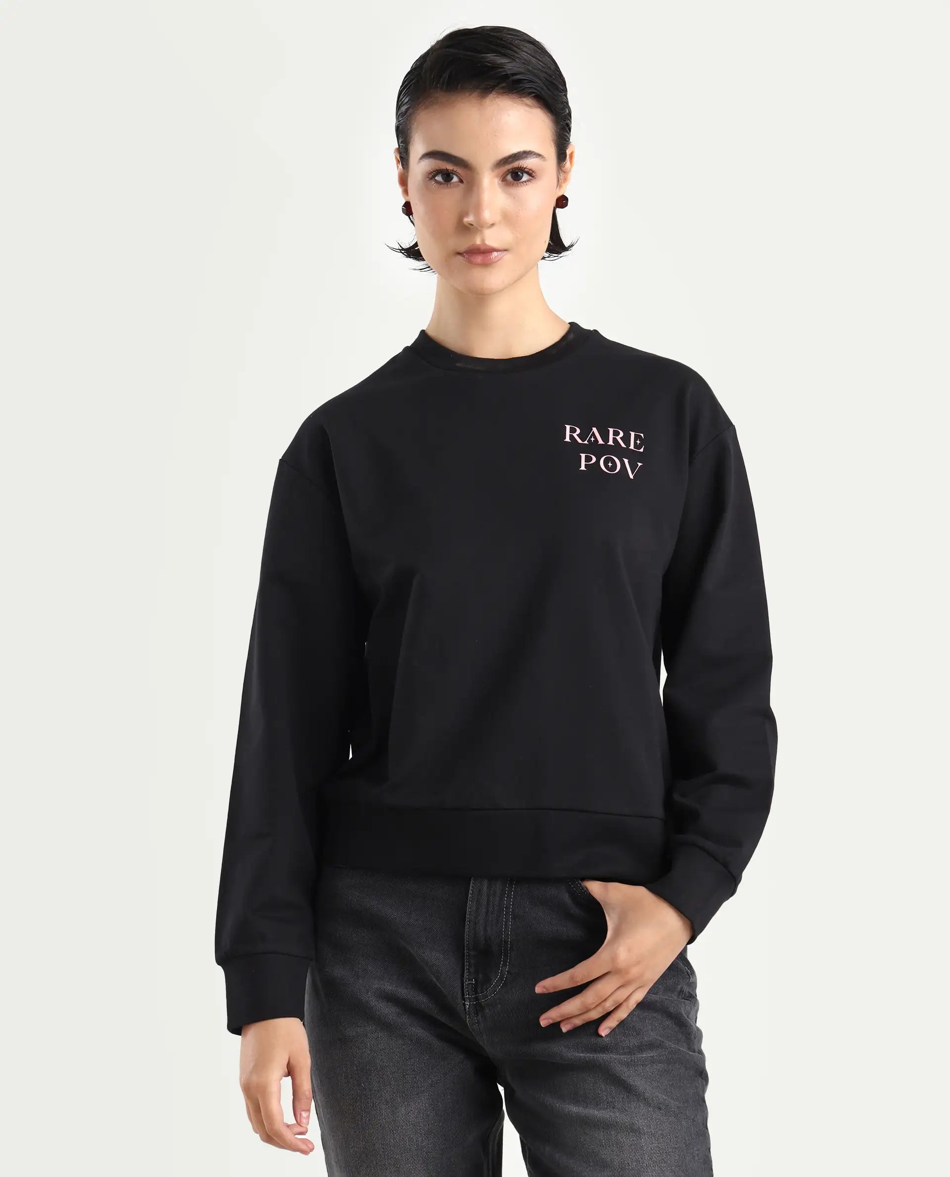 Rareism Women's Swoze Black Cotton Blend Crew Neck Graphic Print Relaxed Fit Sweatshirt