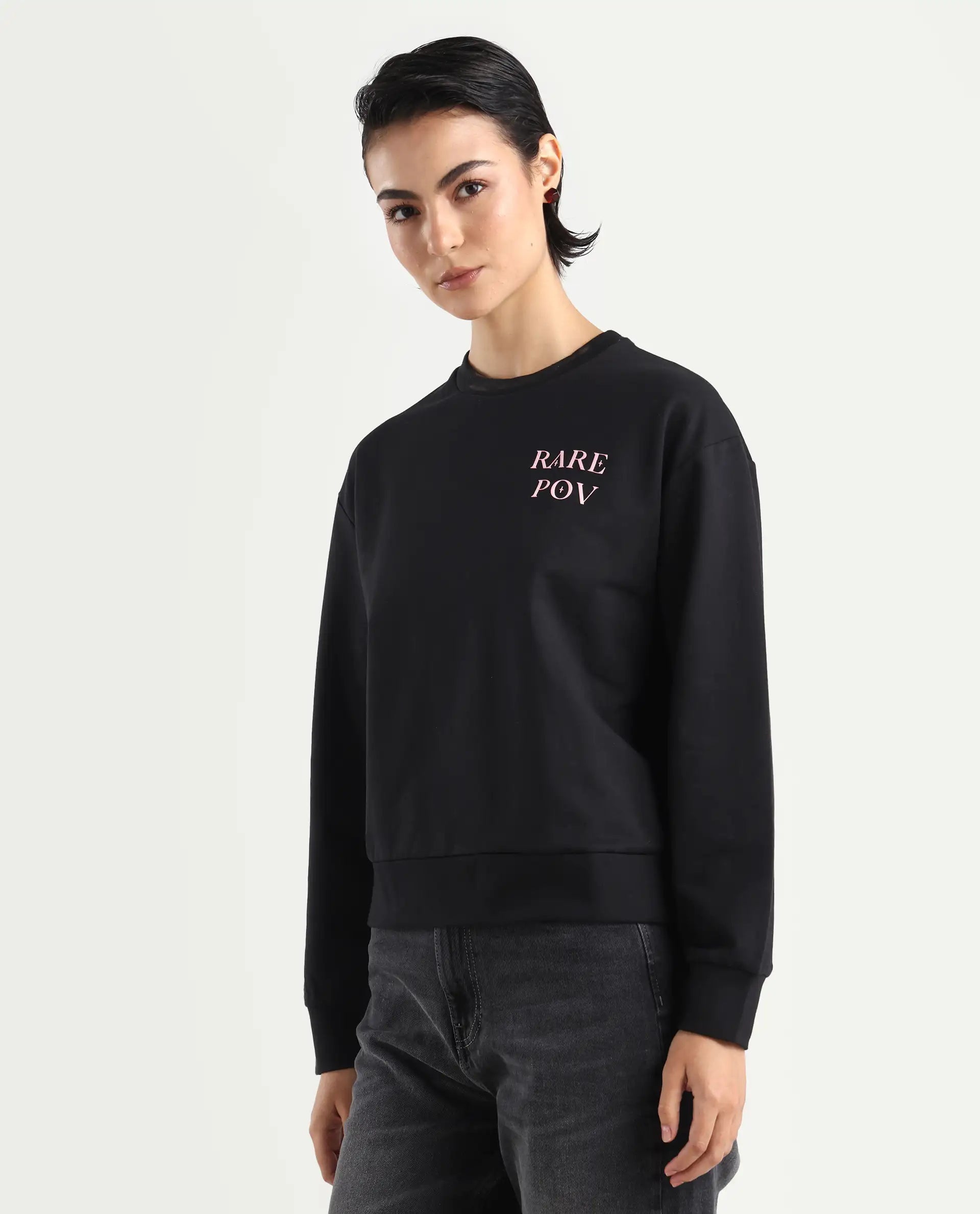 Rareism Women's Swoze Black Cotton Blend Crew Neck Graphic Print Relaxed Fit Sweatshirt