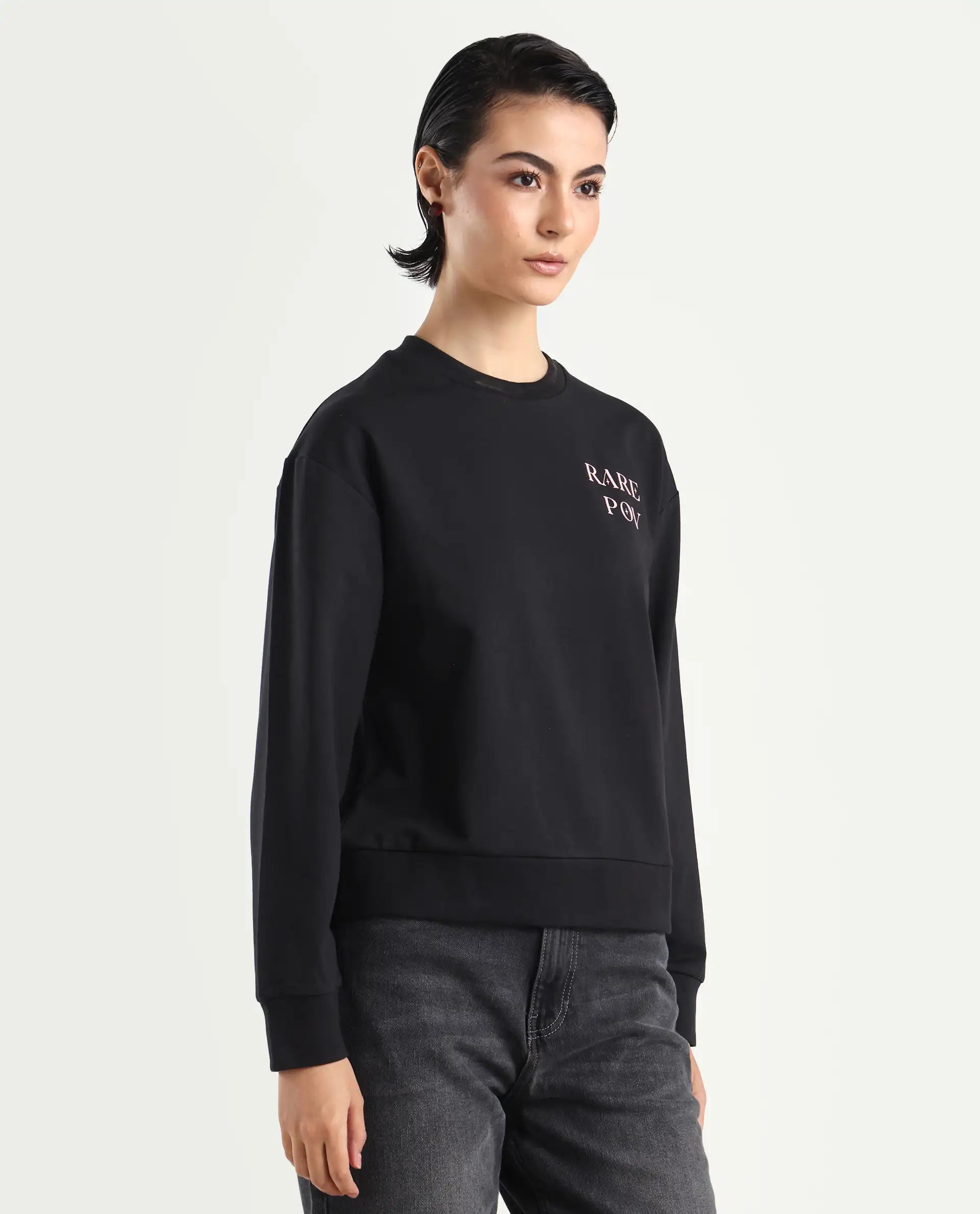 Rareism Women's Swoze Black Cotton Blend Crew Neck Graphic Print Relaxed Fit Sweatshirt