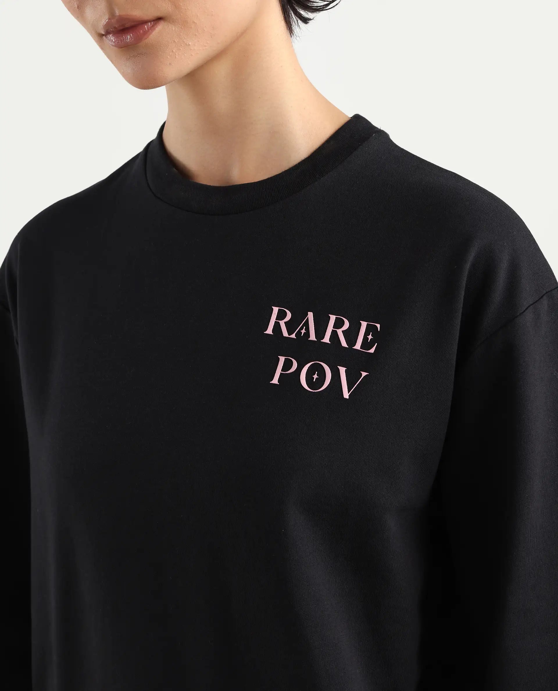 Rareism Women's Swoze Black Cotton Blend Crew Neck Graphic Print Relaxed Fit Sweatshirt